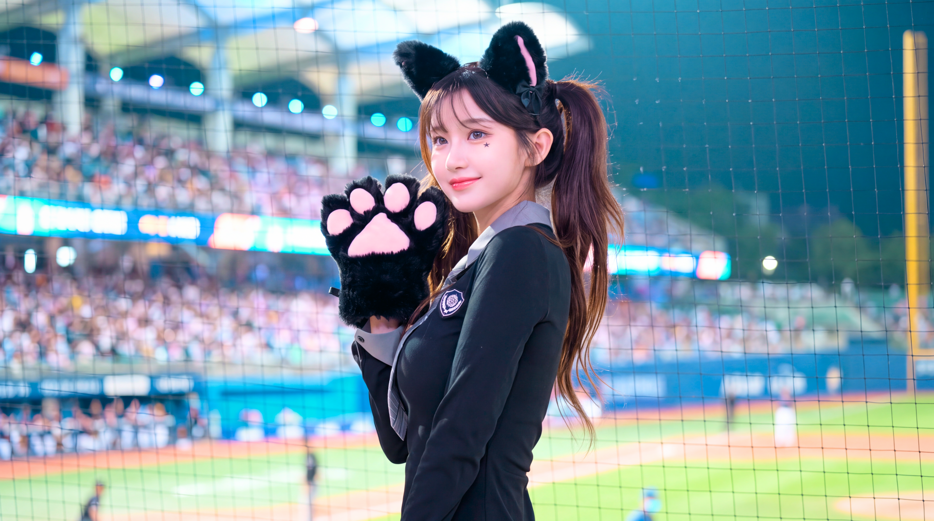 5K Ultra HD desktop wallpaper of a cat-girl cheerleader in a school uniform, wearing cat ears and paw gloves, smiling at a baseball stadium crowd.