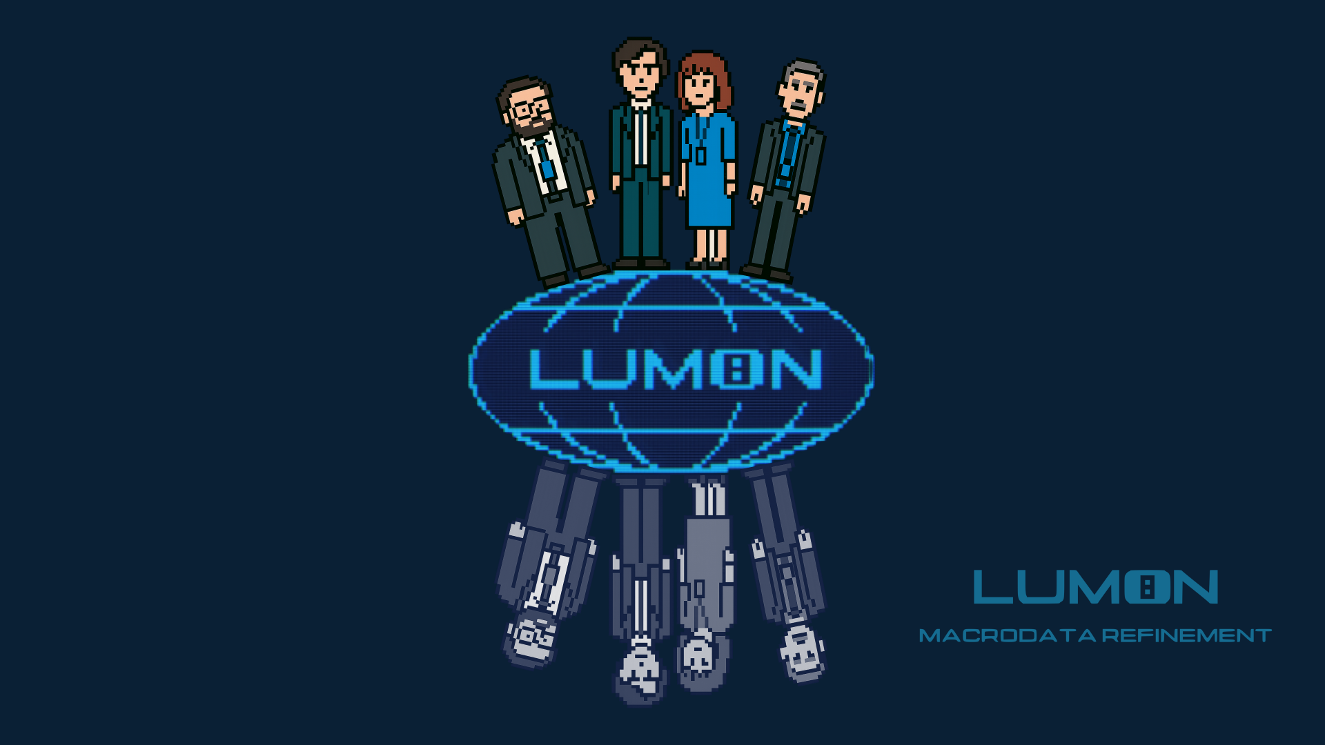 4K Ultra HD pixel-art PC wallpaper: four office workers above a glowing LUMBON globe with mirrored robotic figures below — Severance (Apple TV+), job, macrodata.