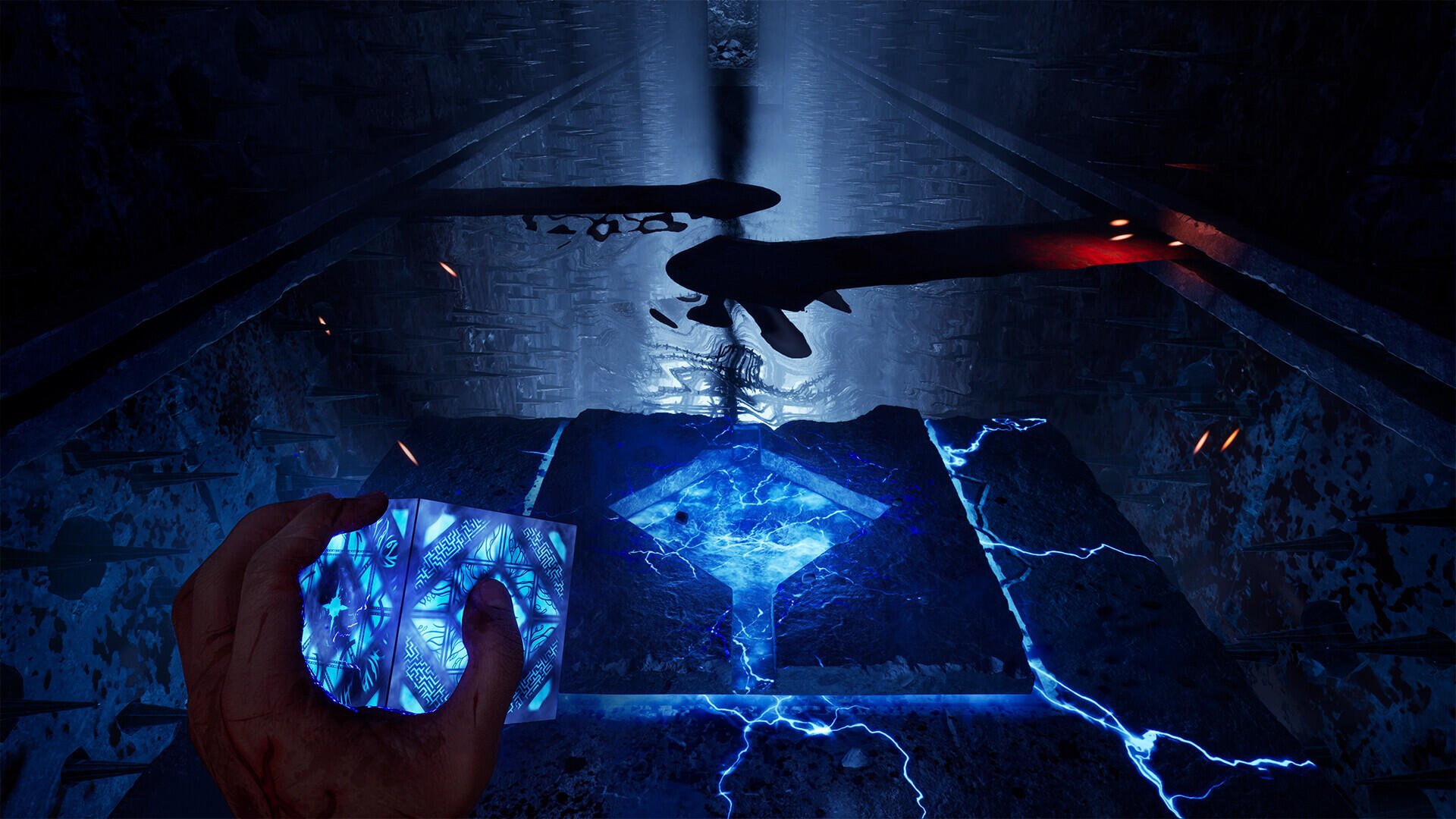 HD PC wallpaper: Hellraiser: Revival — glowing blue hologram portal and tech cube crackling with electricity above a ritual slab, hands reaching in to manipulate the energy.