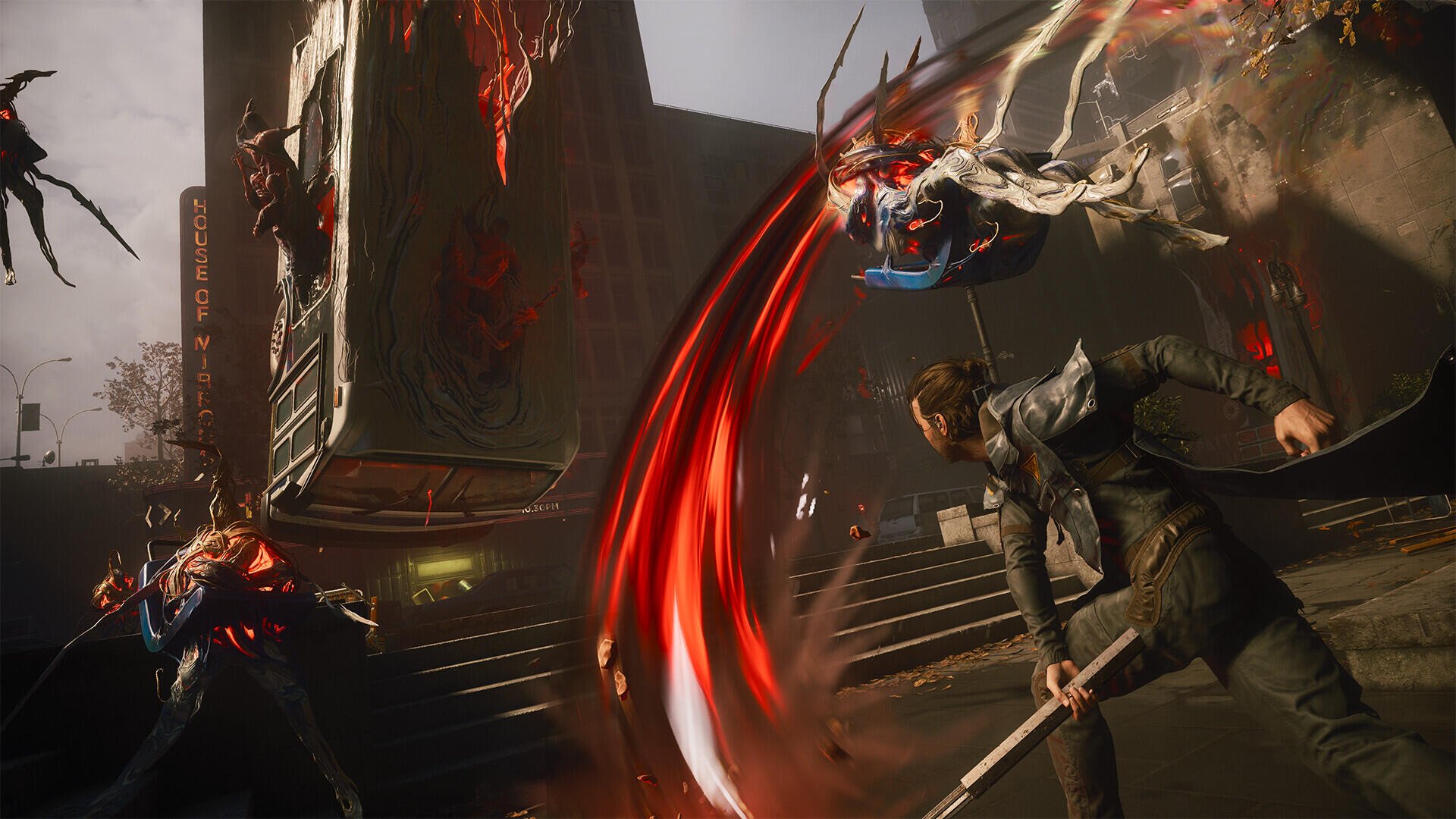HD PC desktop wallpaper/background: Control Resonant — a sword-wielding warrior unleashes a crimson energy slash at shadowy foes amid a ruined futuristic urban battleground.