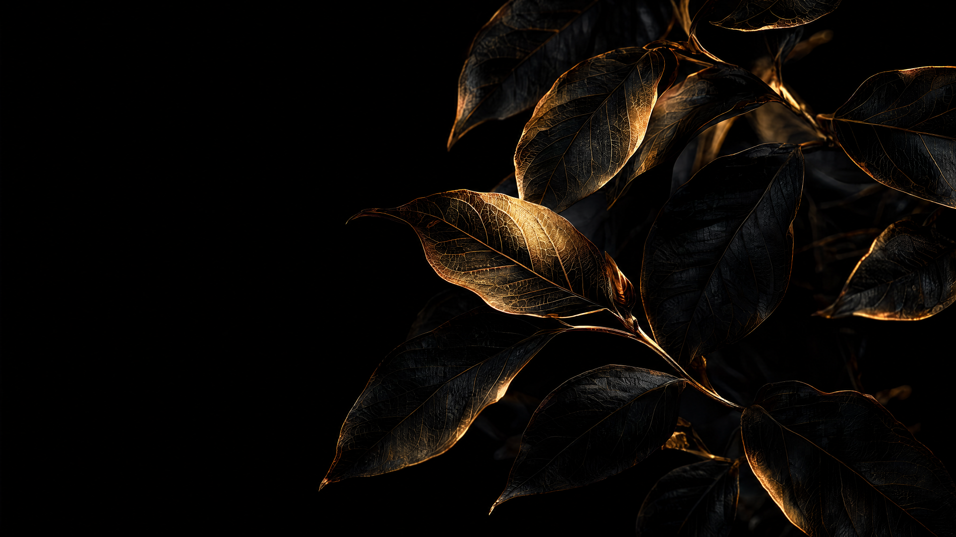 OLED 4K PC desktop wallpaper: glossy dark plant foliage with gold-lit leaves on a deep black background.