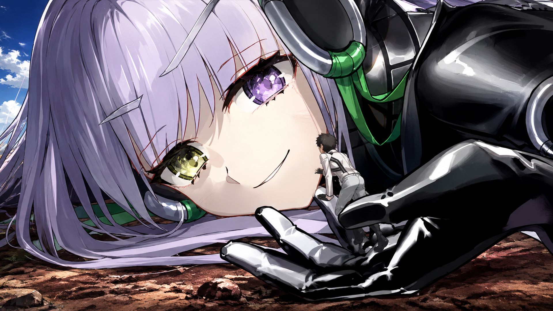 HD PC desktop wallpaper — Fate (Series) / Fate/Extra CCC / Fate/extra: close-up of a silver-lilac-haired heroine with heterochromatic eyes, glossy black combat suit and green headphones, lying on the ground.