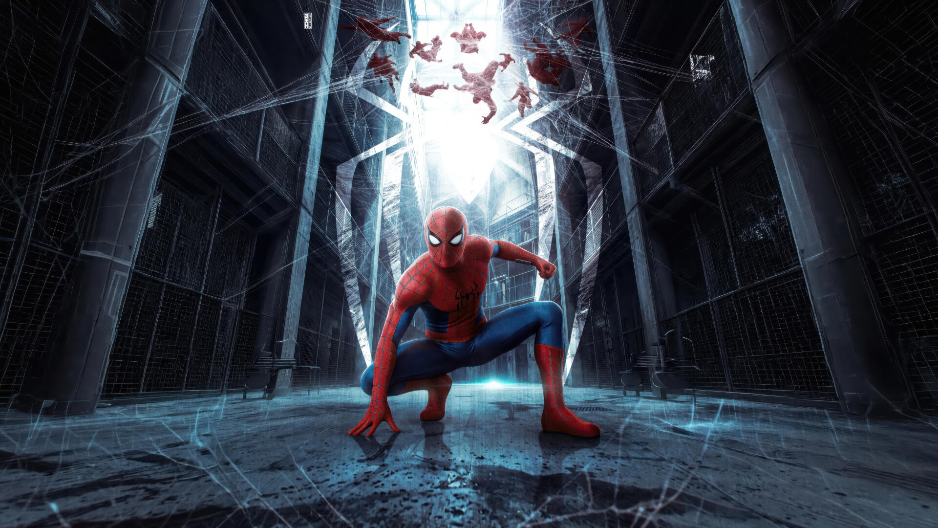 Spider-Man crouches in a web-filled industrial shaft as other Spider-Men swing above — Spider-Man: Brand New Day 4K Ultra HD PC desktop wallpaper.