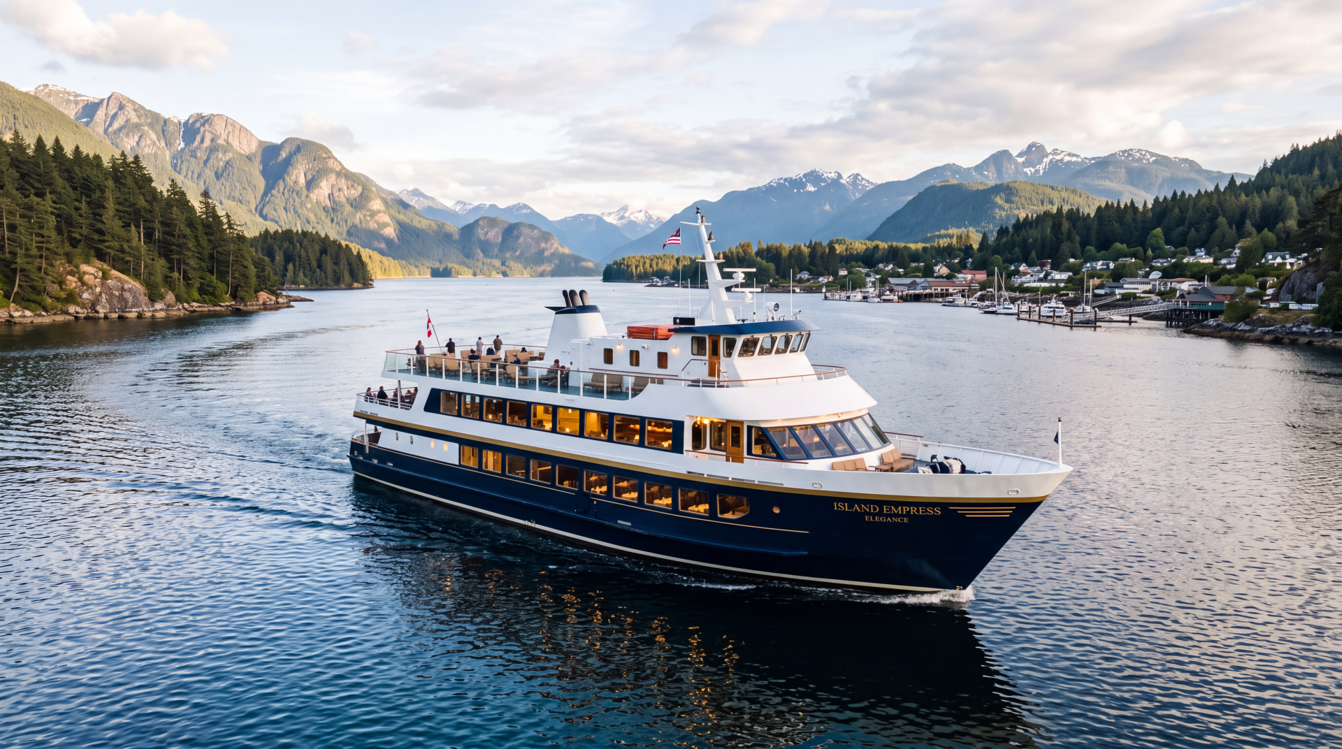 5K Ultra HD PC desktop wallpaper of a passenger ferry crossing a calm mountain lake, framed by forested slopes and distant peaks under a bright sky.