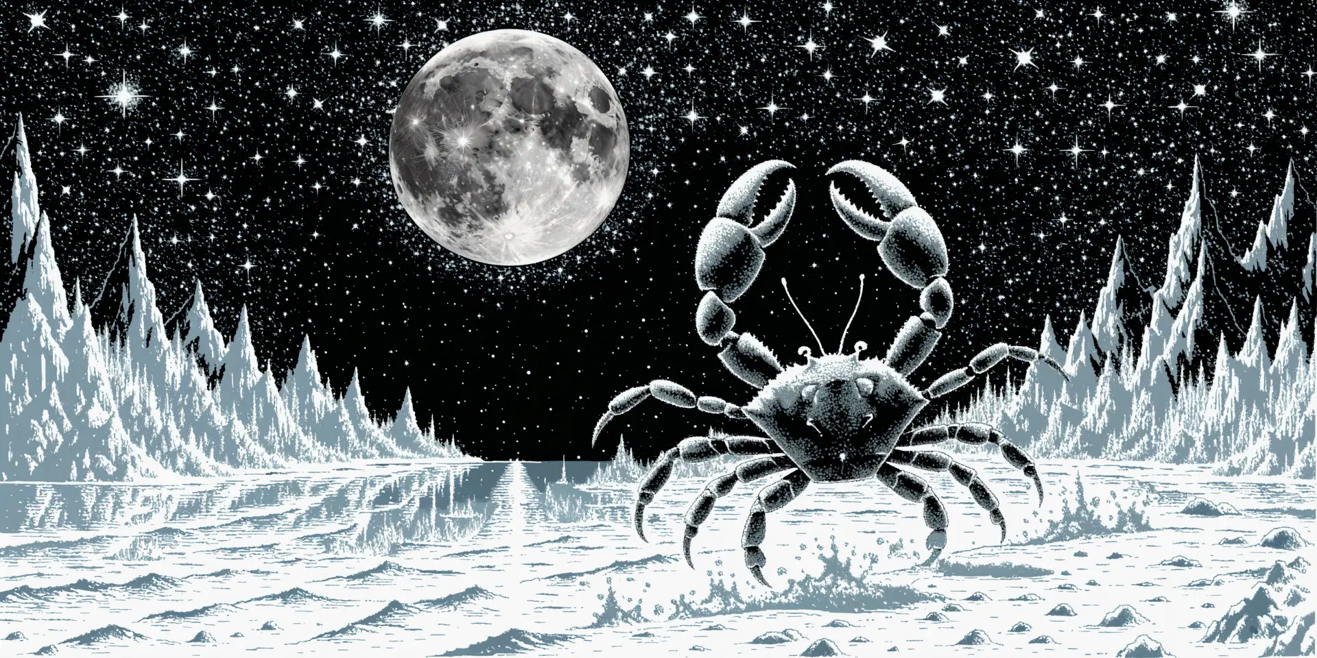 4K Ultra HD desktop wallpaper: Cancer (astrology) crab on a snowy lunar landscape beneath a full moon and star-filled night sky.
