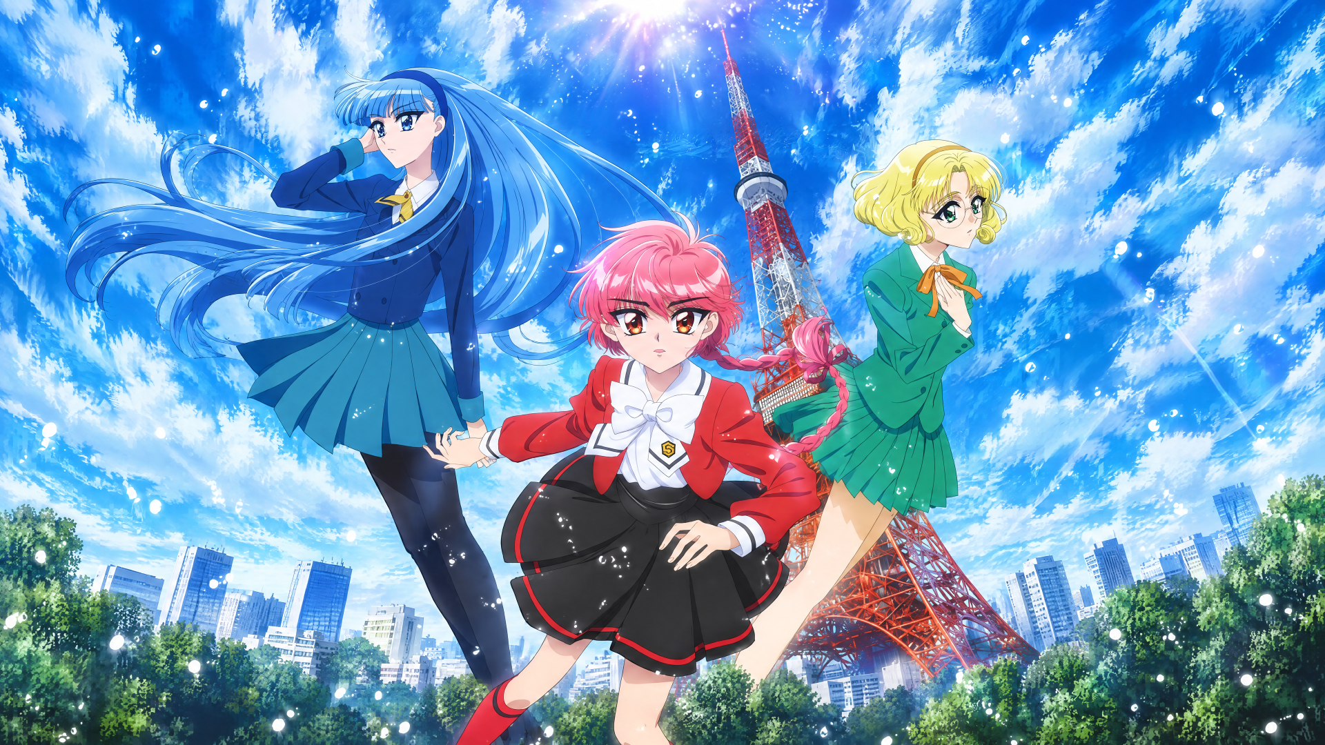 4K Ultra HD PC wallpaper of Magic Knight Rayearth — Hikaru Shidou centered with two anime girls in school uniforms, posed before Tokyo Tower beneath a bright, cloud-streaked blue sky.
