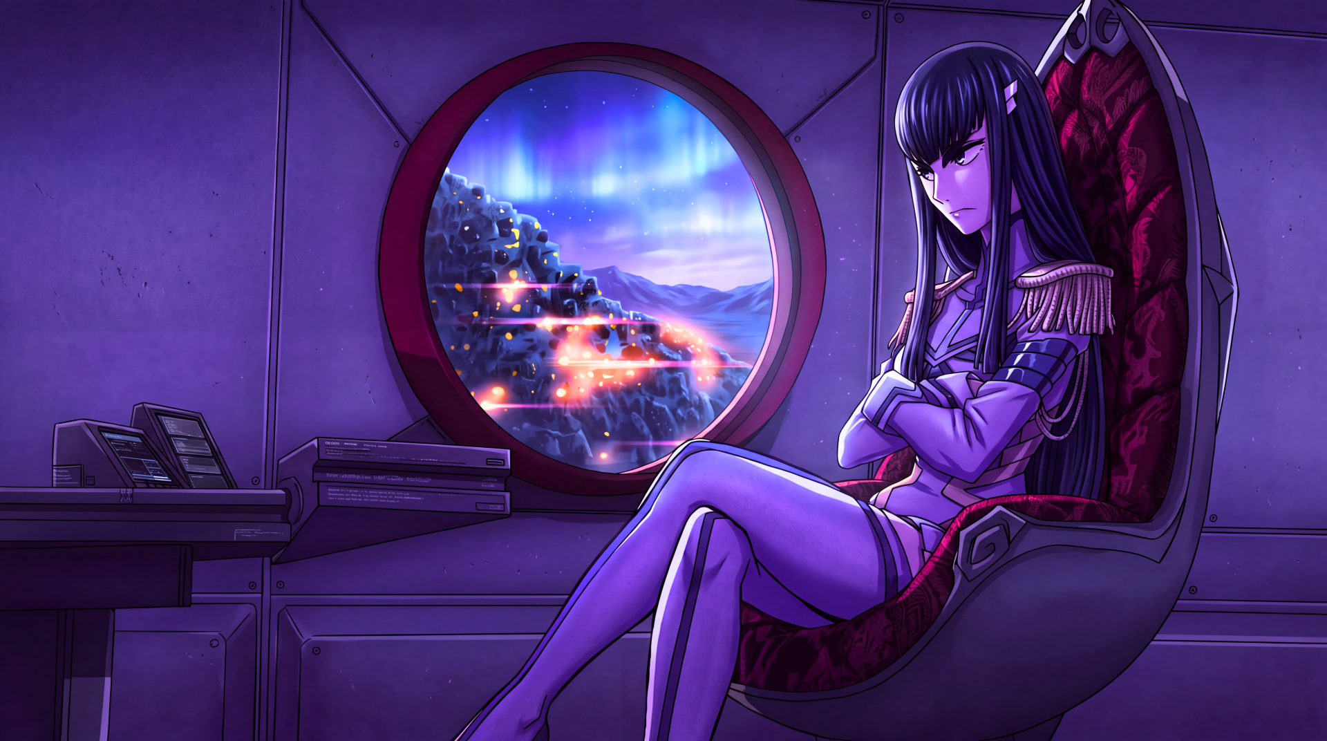 Satsuki Kiryūin (Kill La Kill) anime girl seated in a throne-like chair bathed in purple light, porthole reveals glowing coastal city — 5K Ultra HD PC desktop wallpaper/background.