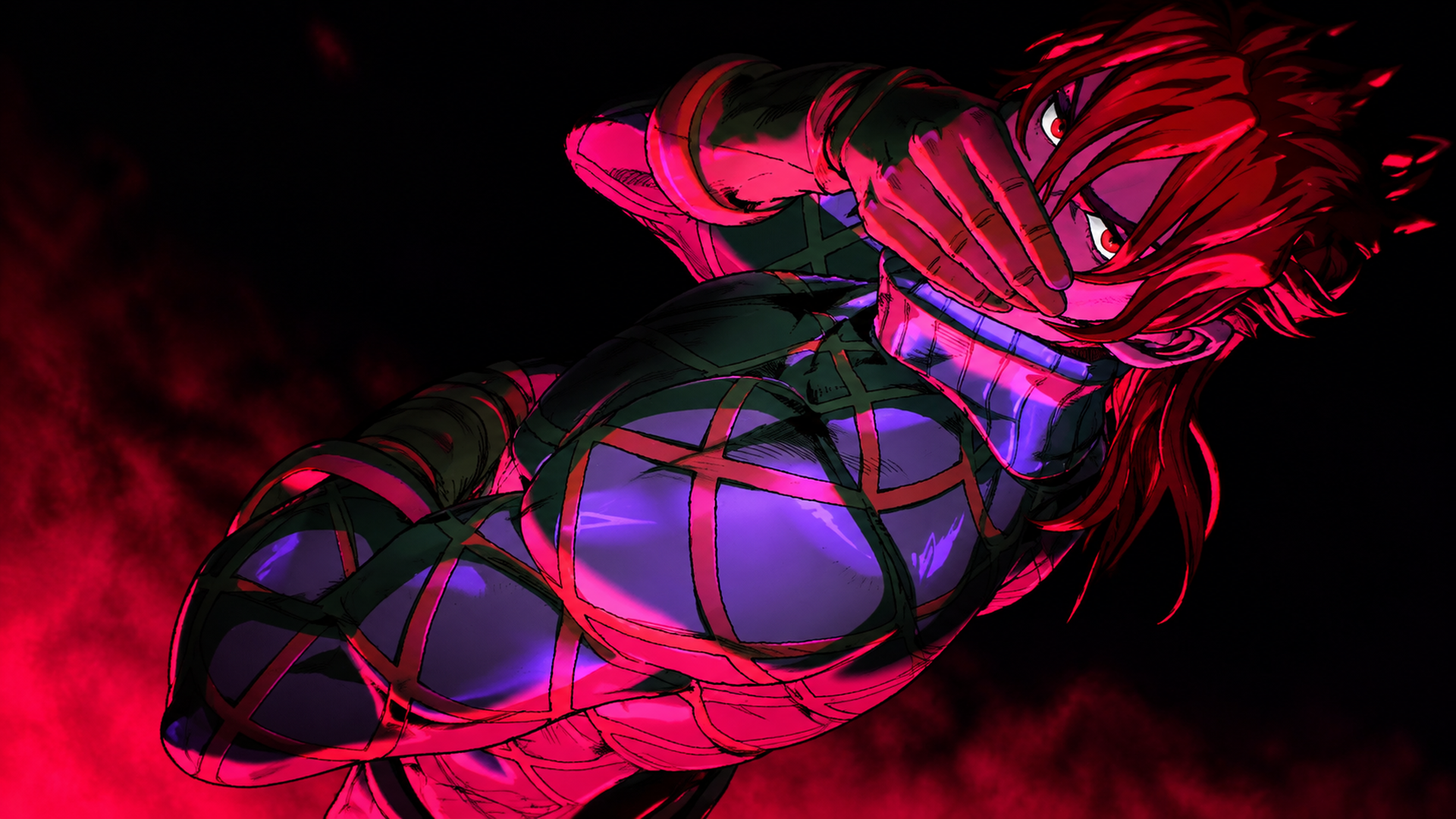 Anime HD PC desktop wallpaper — Diego Brando (JoJo's Bizarre Adventure) in red-purple lighting, bound outfit and fierce glare against a smoky dark background.