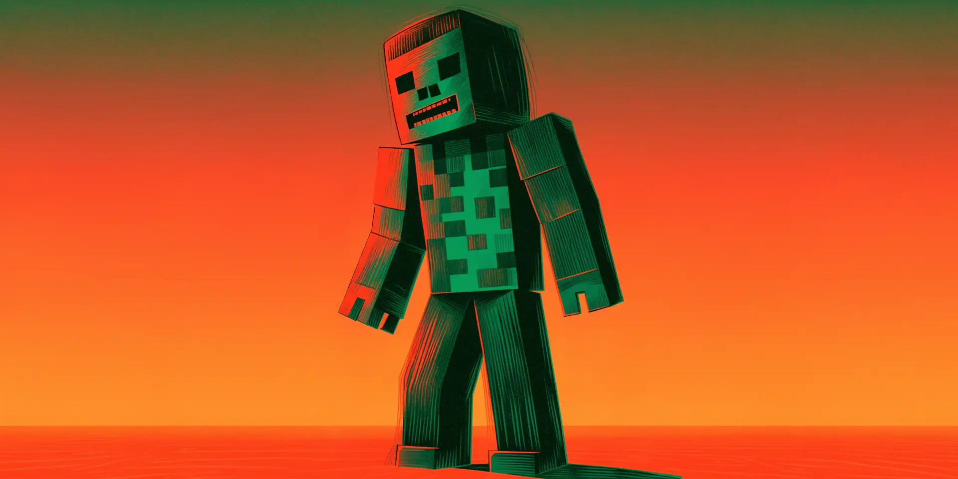 Minecraft zombie pixel art standing against a vivid orange background, featured in a 4K Ultra HD PC desktop wallpaper.