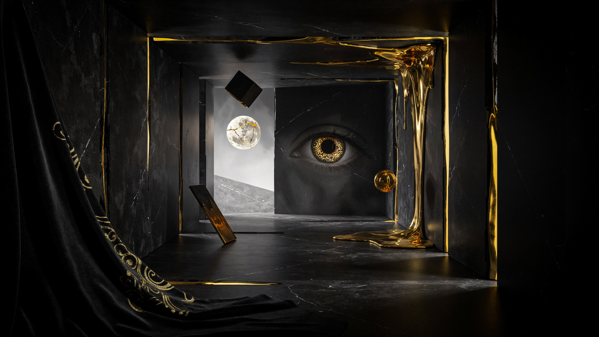 Surreal black and gold eye in an abstract geometric scene, 4K Ultra HD PC desktop wallpaper and background.