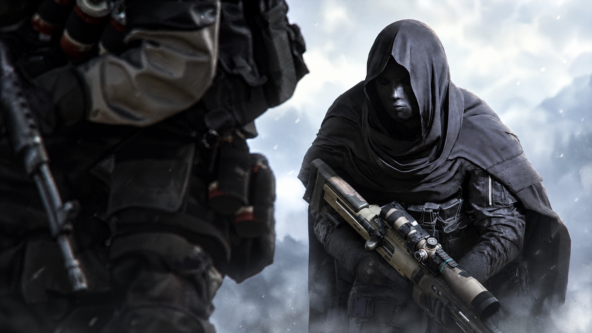 Hooded soldier with a sniper rifle beside a fellow military operative in Call of Duty: Modern Warfare 4, 4K Ultra HD PC desktop wallpaper.