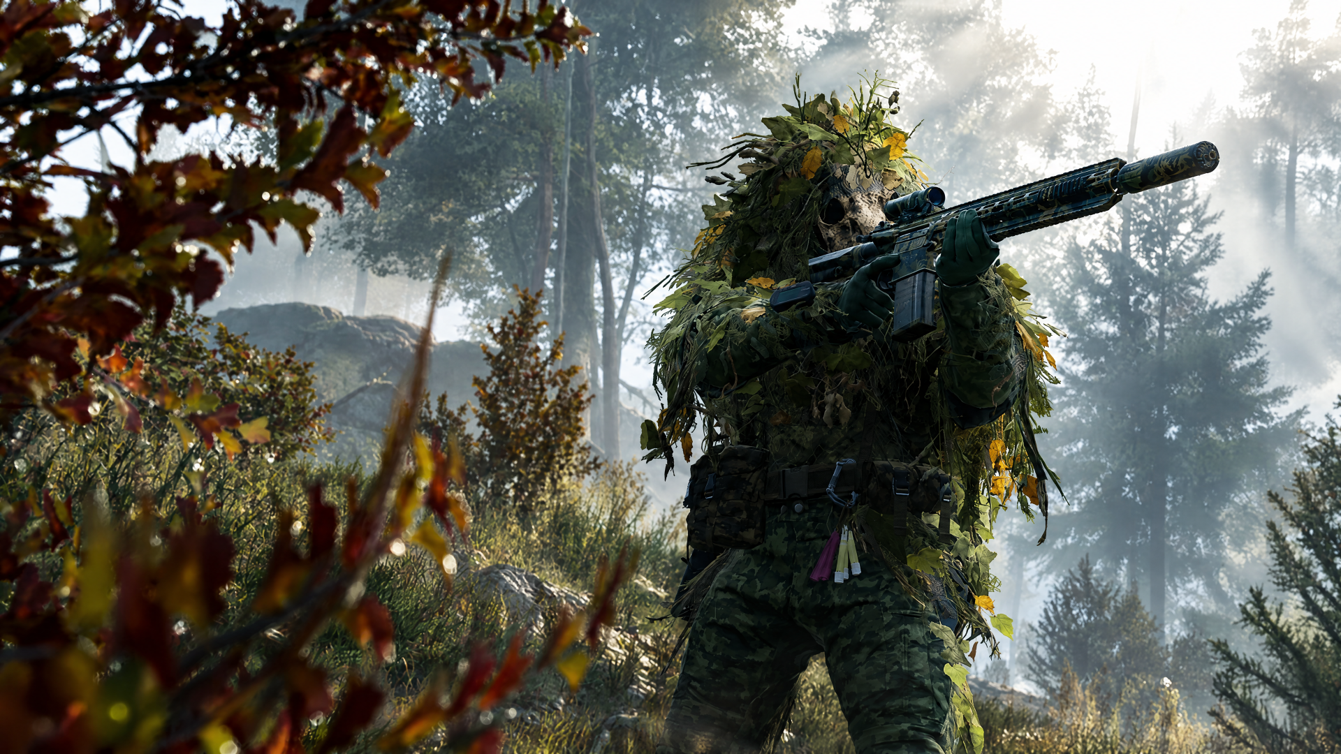 Call of Duty: Modern Warfare 4 4K PC wallpaper featuring a camouflaged sniper soldier with a rifle in a misty forest.