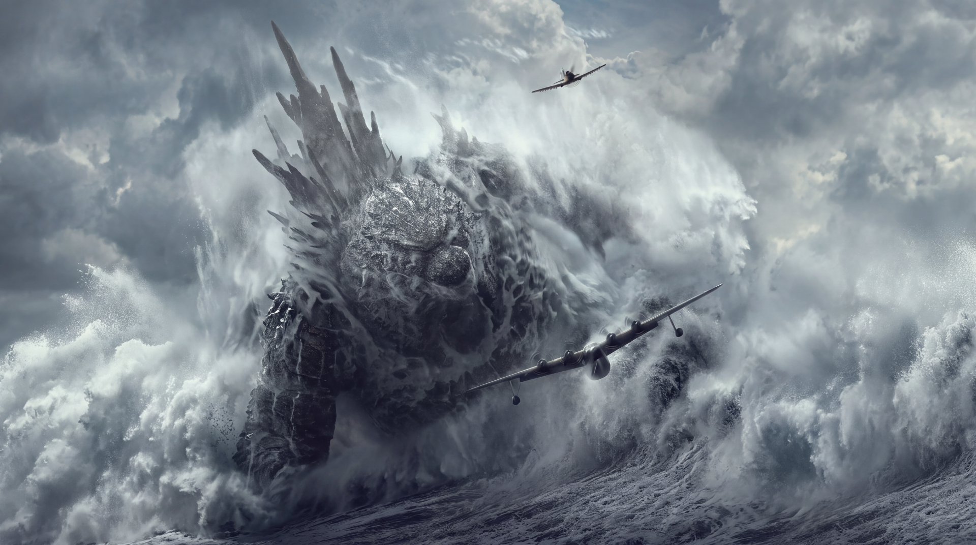 Godzilla Minus Zero sea monster erupts from stormy waves beneath a plane, in a 5K Ultra HD PC desktop wallpaper and background.