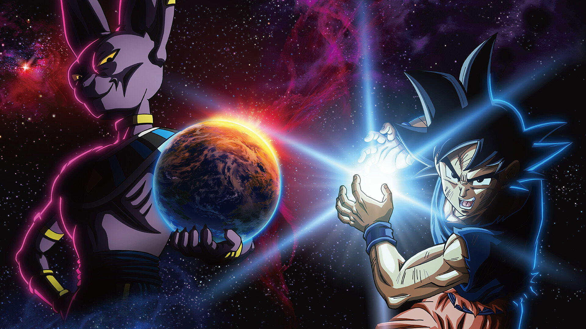 Dragon Ball Super HD PC desktop wallpaper featuring Beerus, Goku, a glowing energy blast, and Earth in a cosmic background.