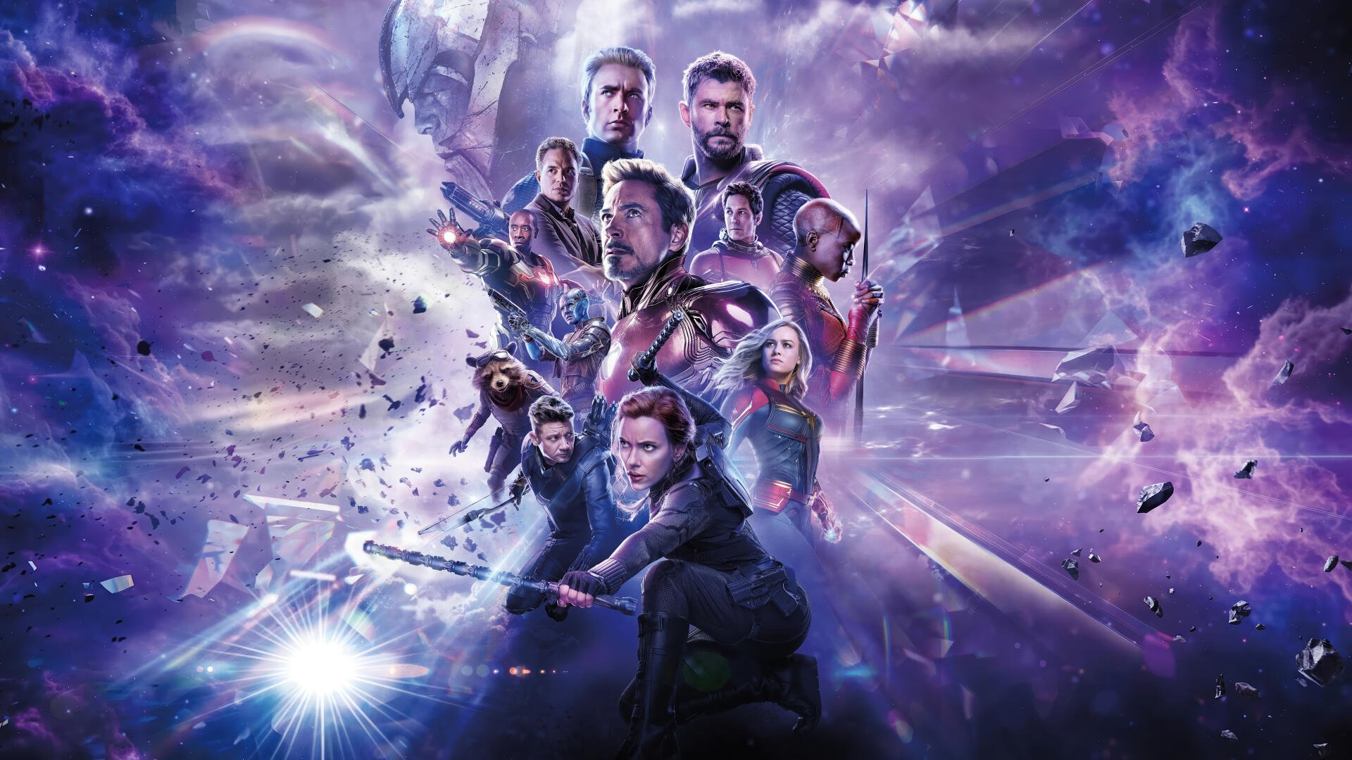 Avengers: Endgame heroes unite amid a cosmic purple battle scene in this 8K Ultra HD PC desktop wallpaper and background.