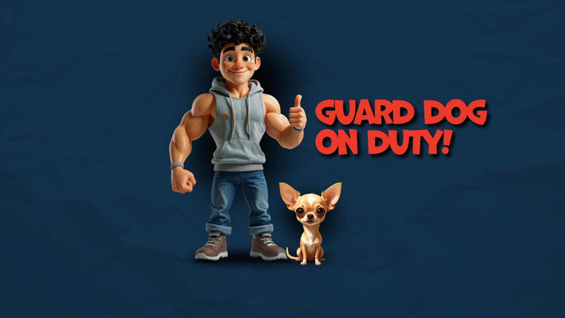 Funny cartoon boy and cute Chihuahua guard dog on duty, 2K Quad HD PC desktop wallpaper and background.
