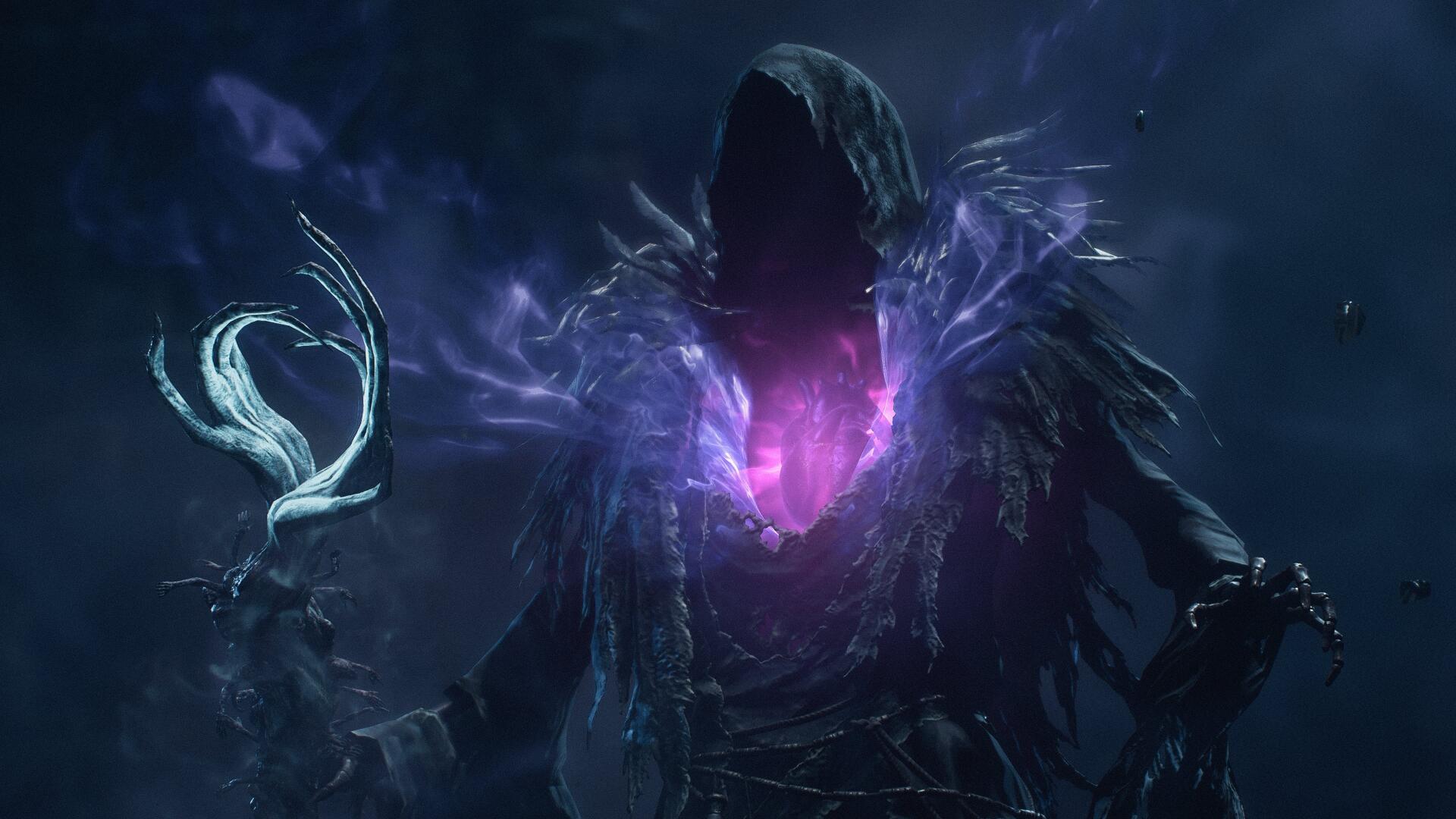 Hooded figure channeling glowing purple magic in a dark fantasy scene from Dragon’s Dogma 2: Dark Arisen, 4K Ultra HD PC desktop wallpaper.