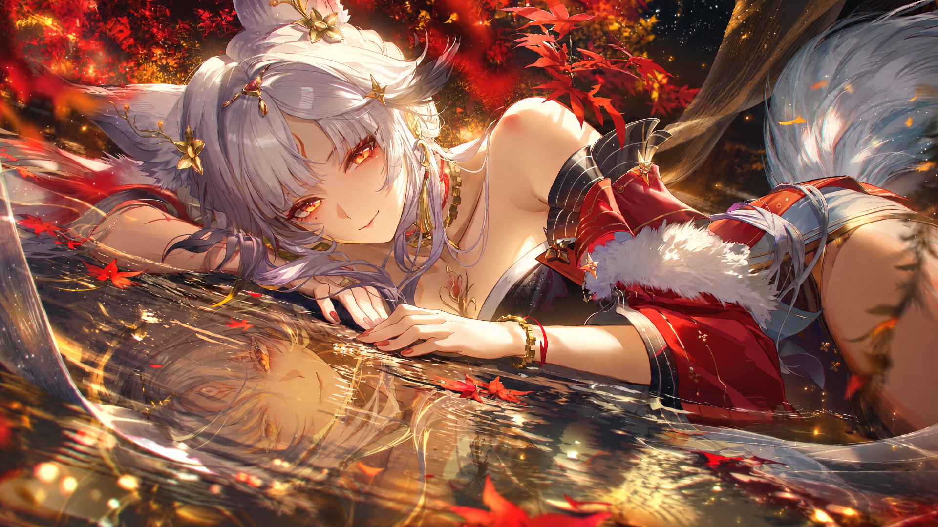 Hsin from Wuthering Waves relaxing in autumn water among crimson leaves, a 4K Ultra HD PC desktop wallpaper and background.
