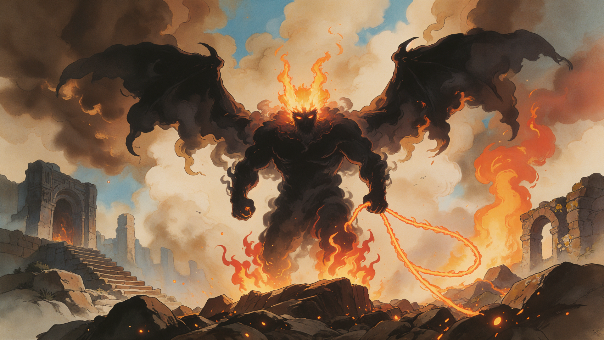 Fiery Balrog from The Lord of the Rings towers over burning ruins in this 4K Ultra HD PC desktop wallpaper and background.