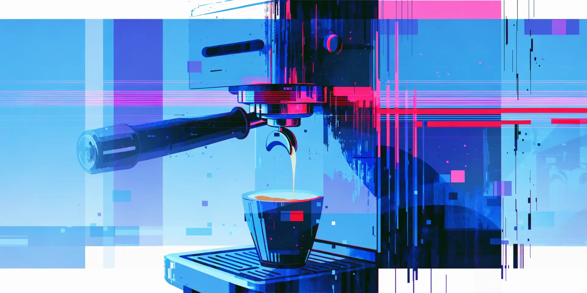 Glitch-art espresso machine pouring coffee into a cup, presented as a 2K Quad HD PC desktop wallpaper and background.