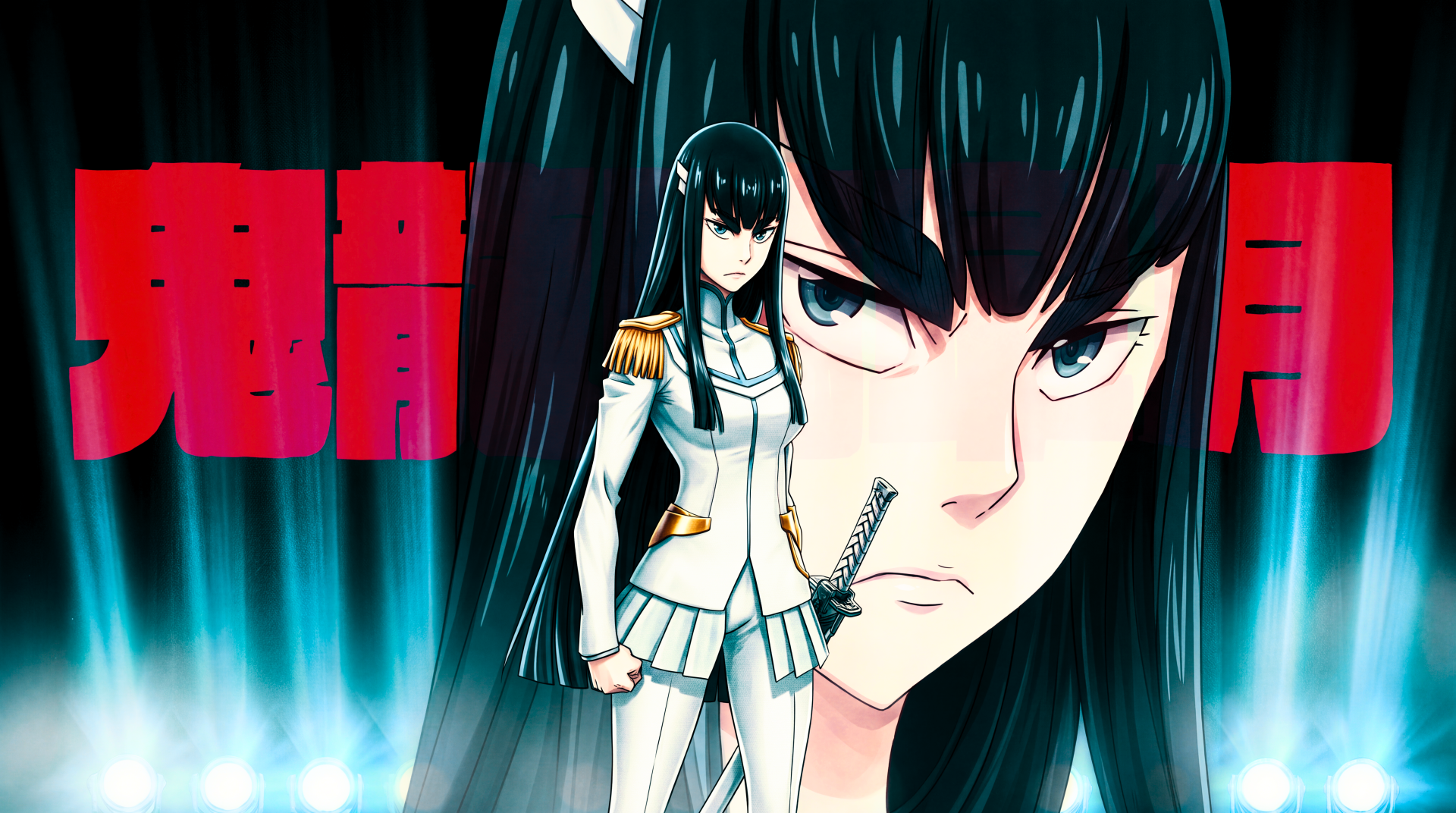 Kill la Kill 5K Ultra HD desktop wallpaper featuring Satsuki Kiryūin in a white uniform beside a dramatic close-up portrait.