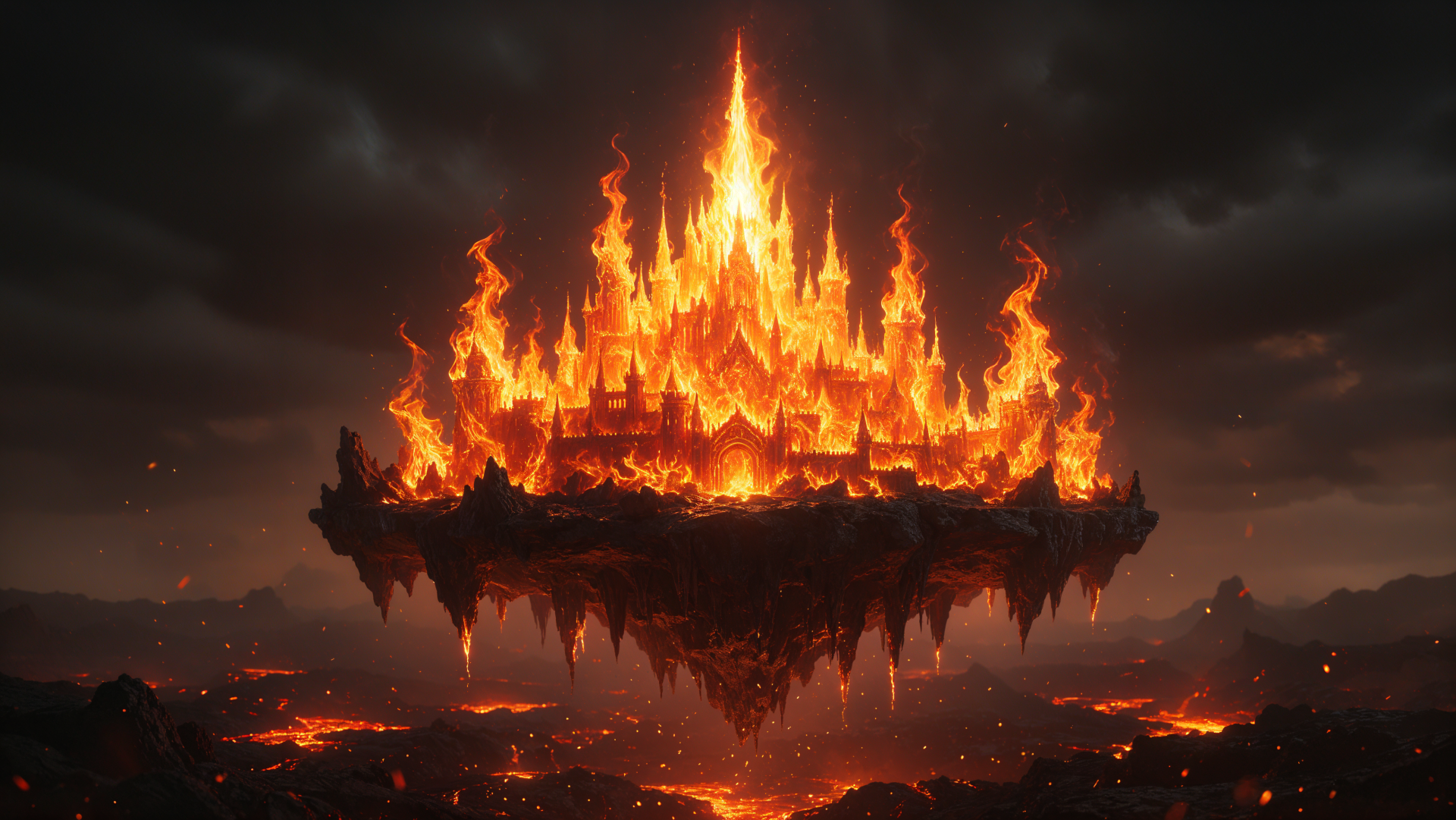 A fire-engulfed flying castle glows against a dark sky in this 4K Ultra HD PC desktop wallpaper and background.