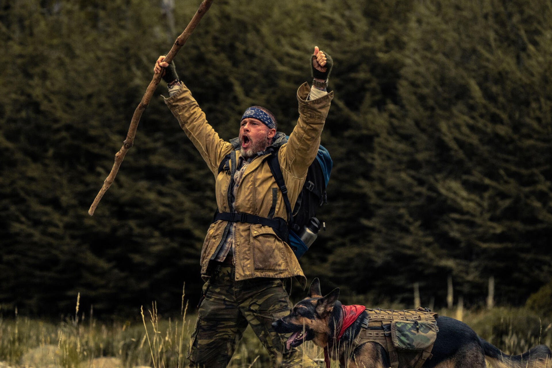 Brad Pitt hiking through a forest with a backpack in Heart of the Beast, HD PC desktop wallpaper and background.