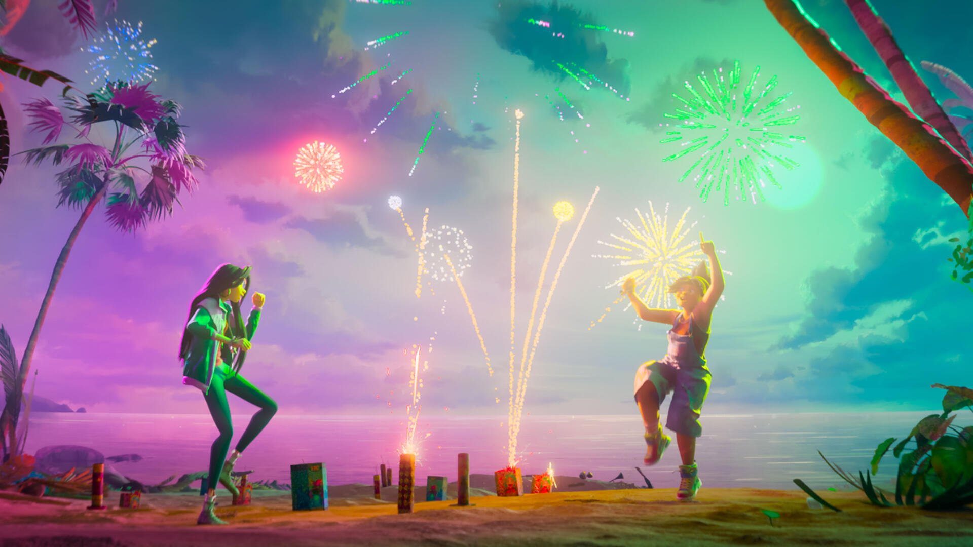 Forgotten Island DreamWorks Animation 2K desktop wallpaper of two characters dancing on a beach beneath colorful fireworks.