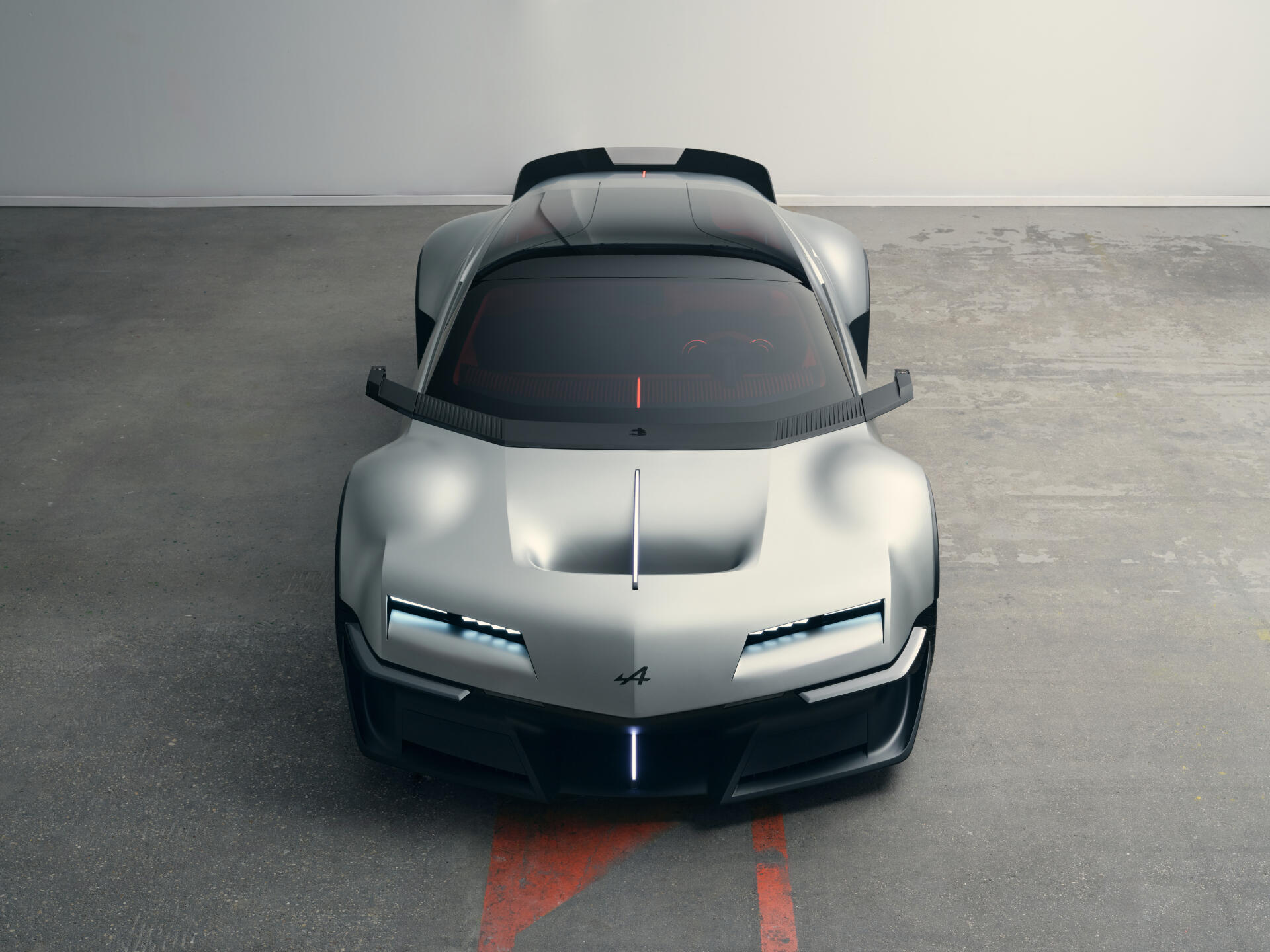 Front view of a silver Alpine A310 Vision concept sports car, featured in a 5K Ultra HD PC desktop wallpaper and background.