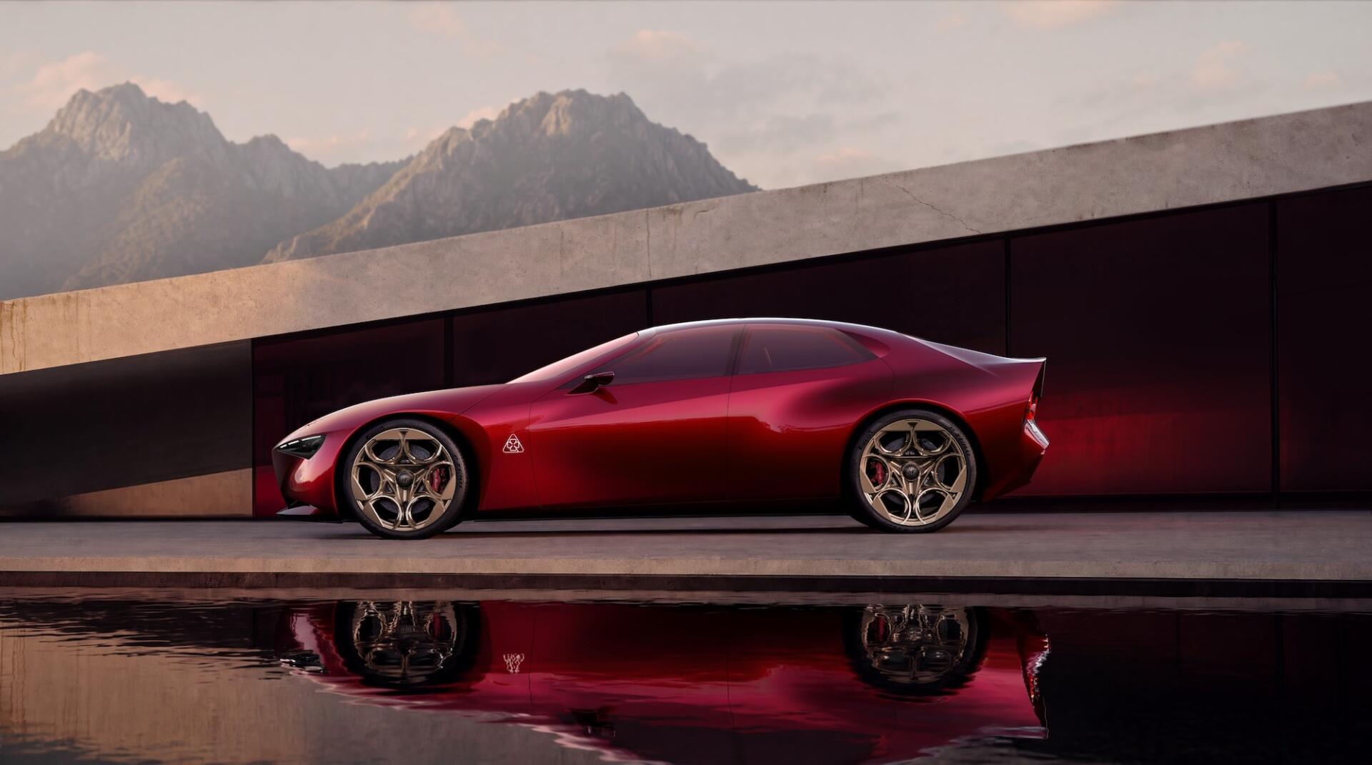 Red Alfa Romeo Cuorerosso concept sports car with Ferrari-inspired styling, reflected on a pool beneath mountain scenery, HD desktop wallpaper.