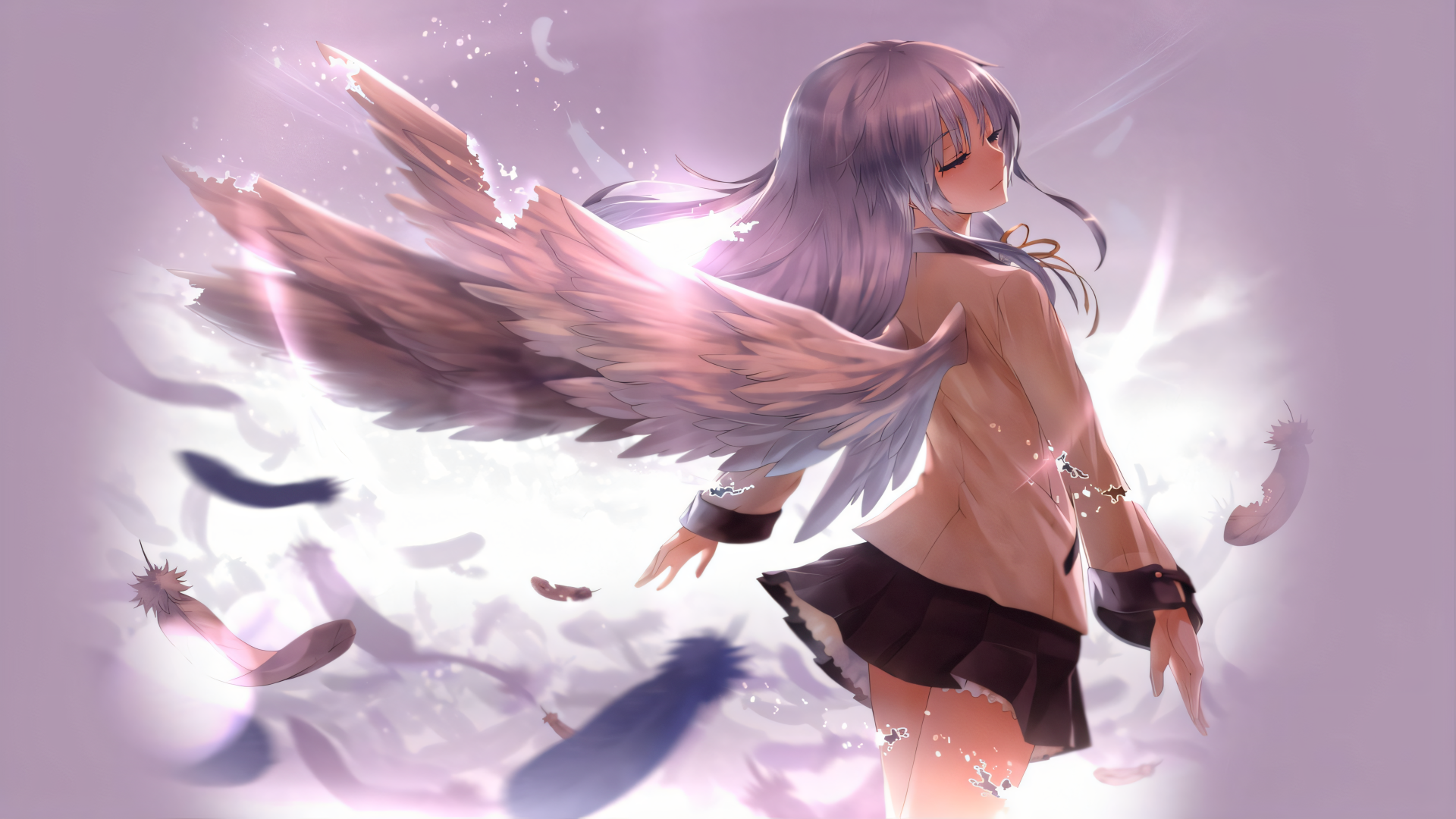 Angel Beats! 4K Ultra HD PC desktop wallpaper featuring Kanade Tachibana with flowing wings against a dreamy pastel sky.