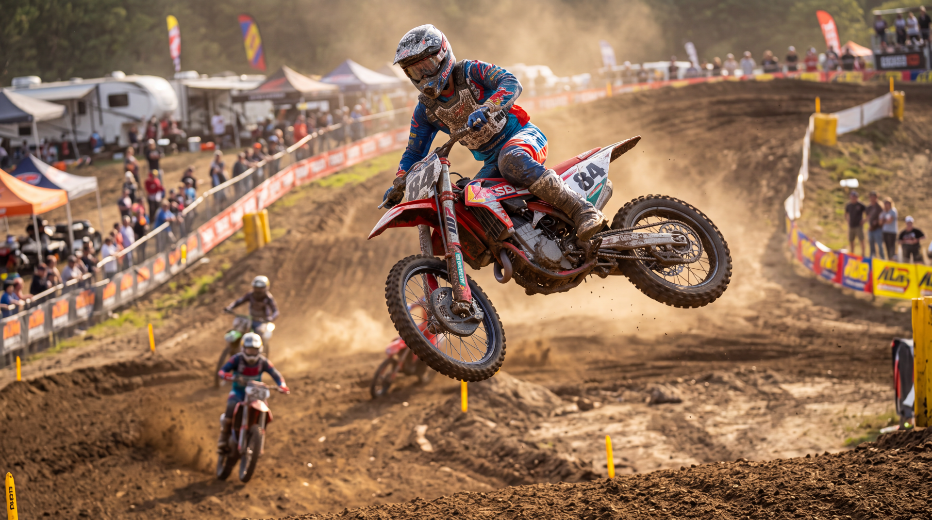 Airborne dirt bike racer on a dusty motocross track, captured in 5K Ultra HD PC desktop wallpaper and background.