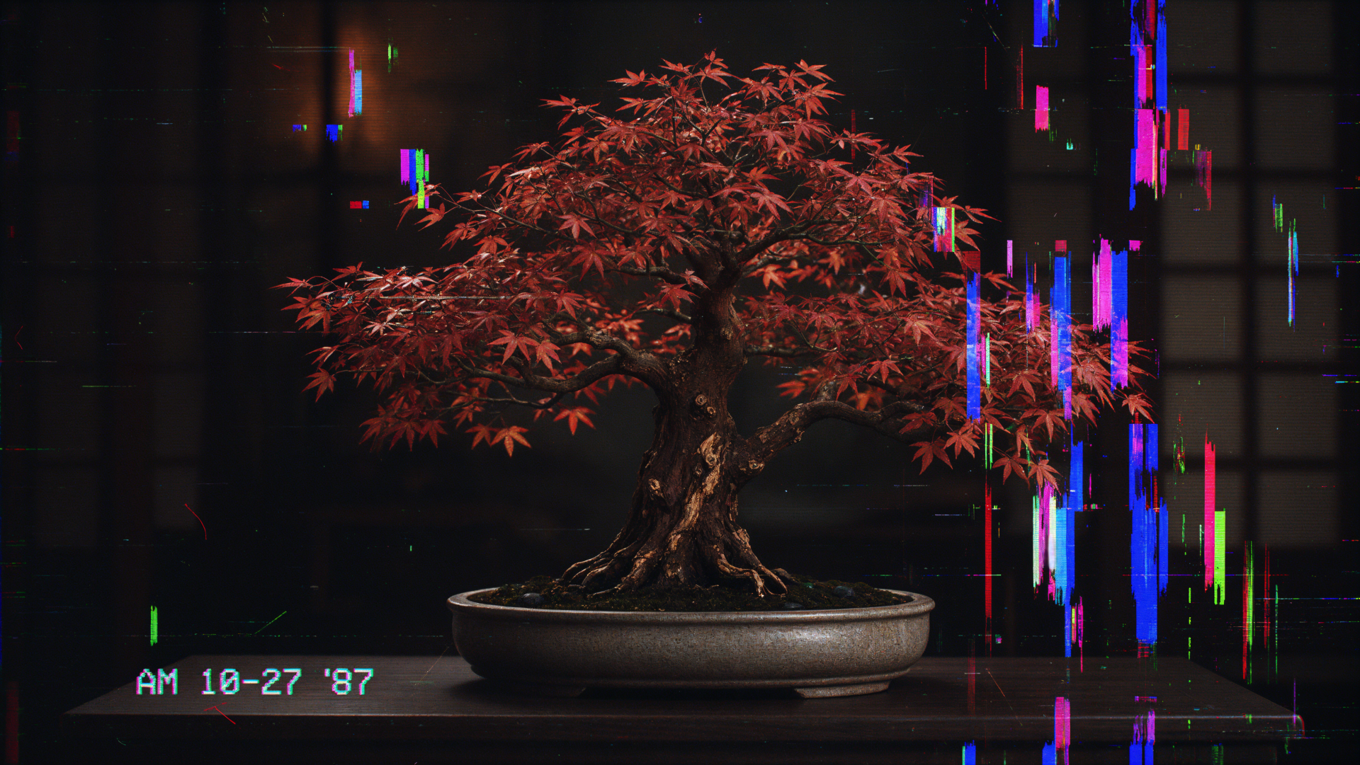 Japanese maple bonsai tree in a shallow pot, framed by colorful digital glitch effects in a 4K Ultra HD PC desktop wallpaper.