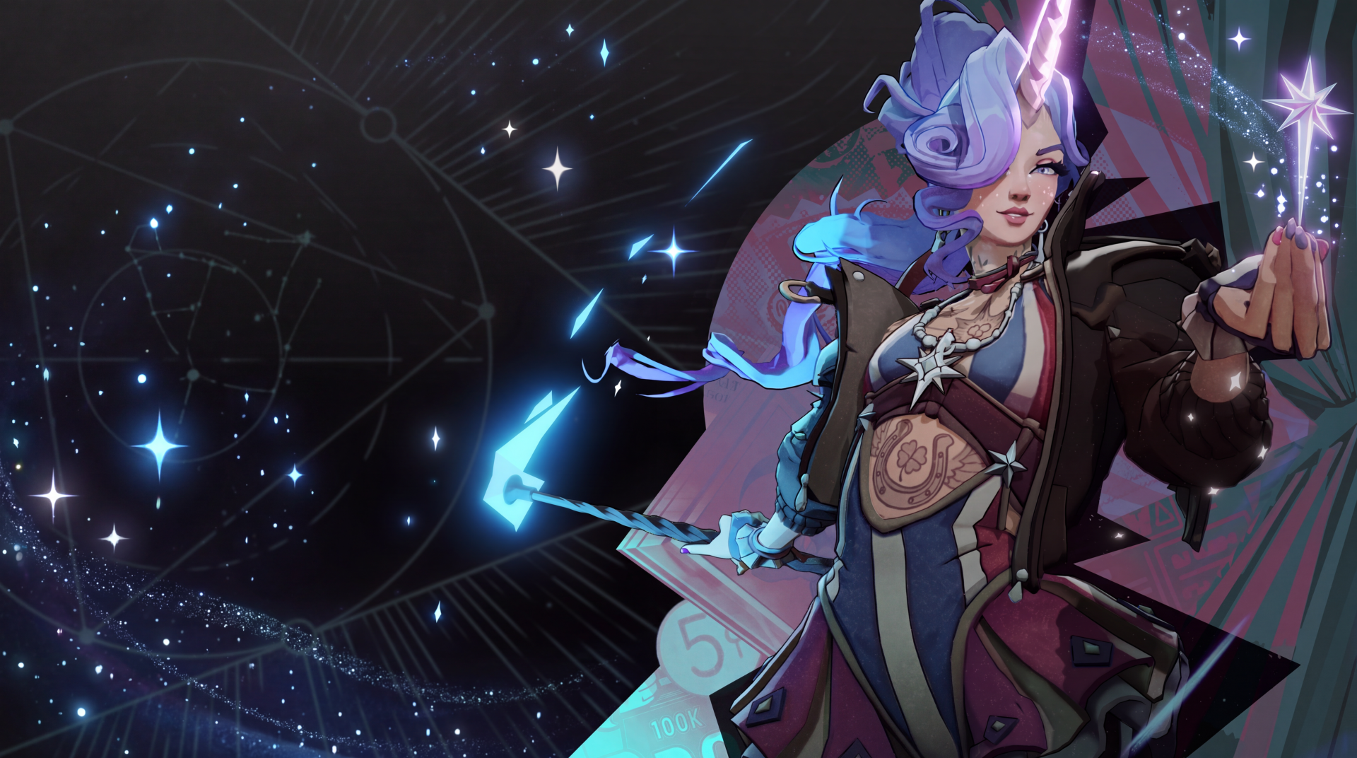 Celeste from Deadlock (2024) in a star-filled cosmic scene, featured in a 5K Ultra HD PC desktop wallpaper.