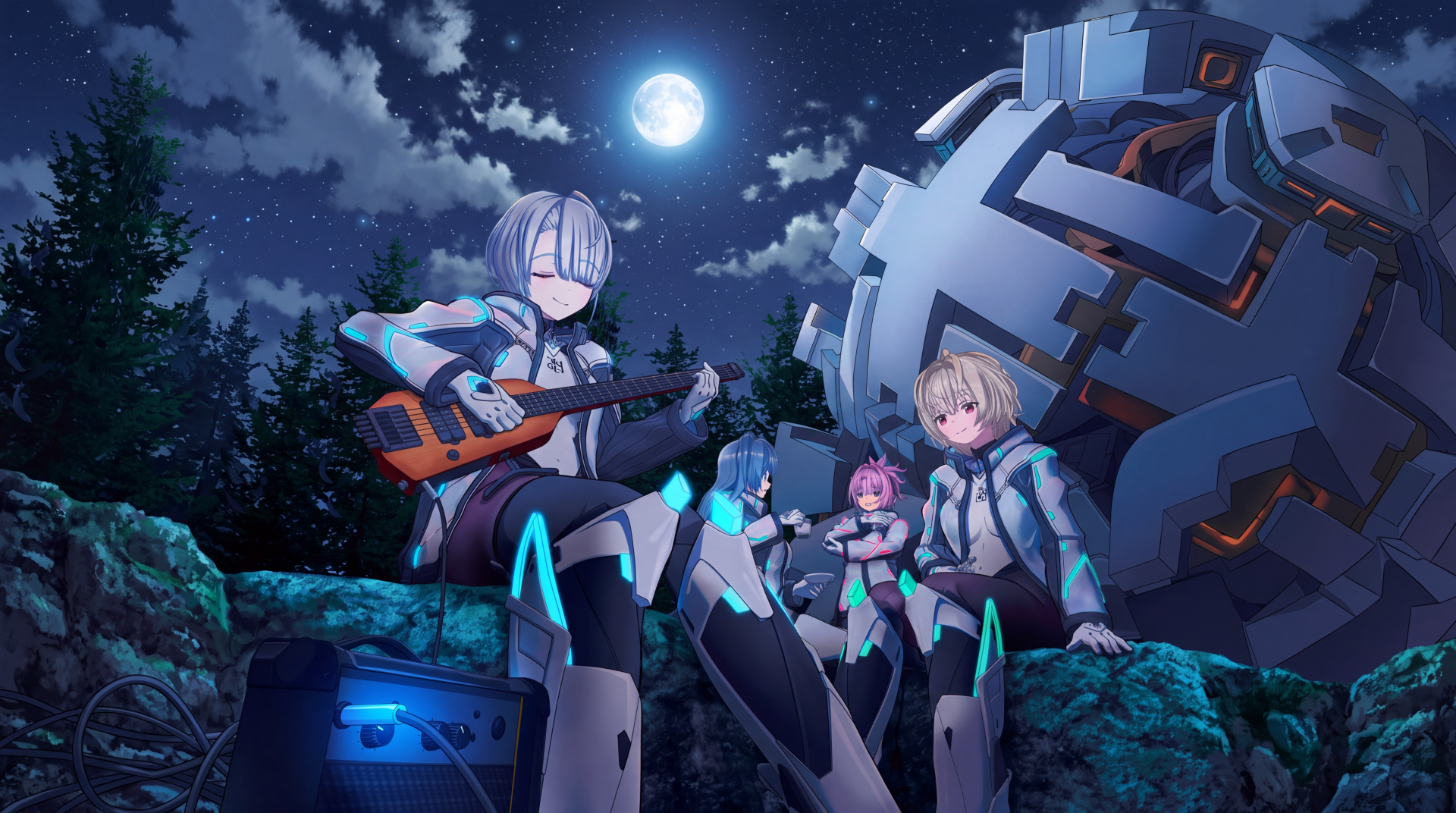 Expelled from Paradise: Resonance anime wallpaper featuring characters beside a giant mecha under a moonlit sky, 5K Ultra HD PC desktop background.