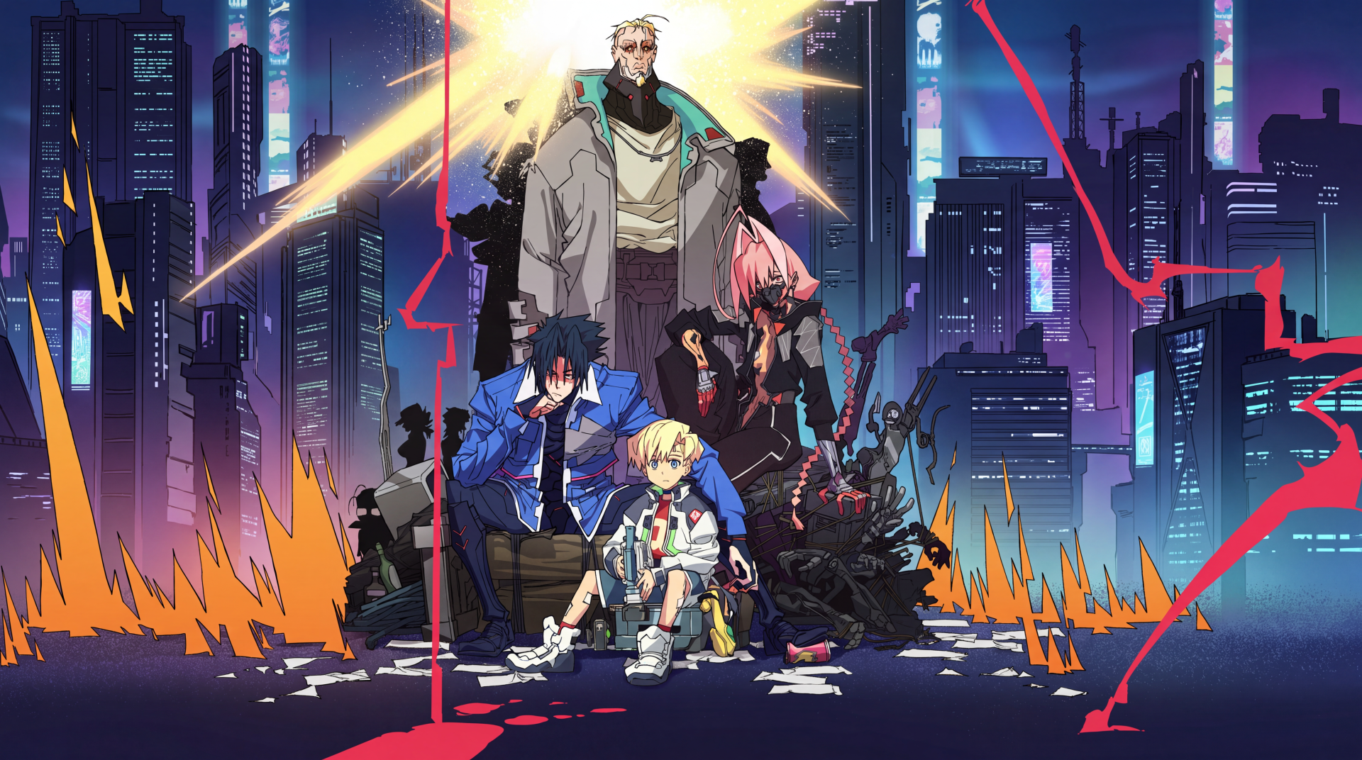 Cyberpunk: Edgerunners 2 anime wallpaper featuring a crew against a neon city skyline, 5K Ultra HD PC desktop background.