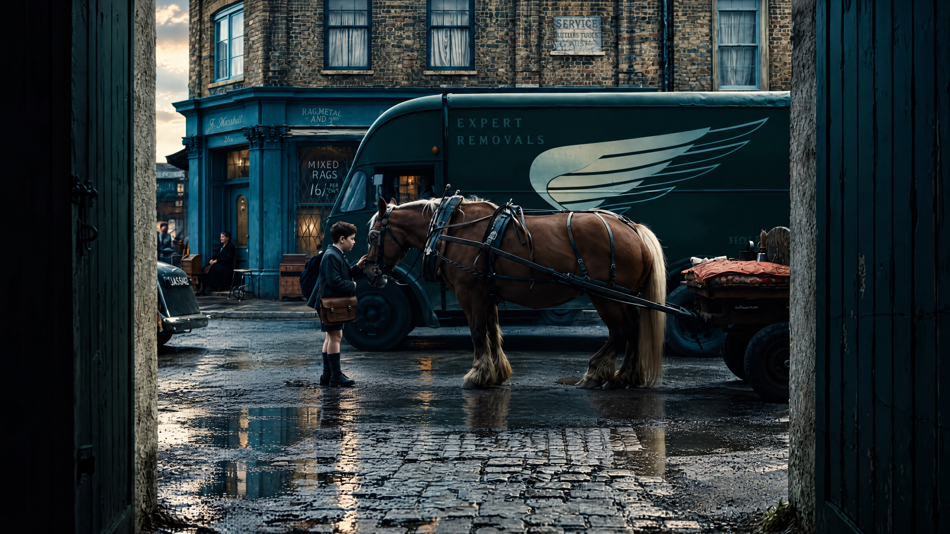 The Chronicles of Narnia: The Magician’s Nephew 4K Ultra HD desktop wallpaper featuring a horse and carriage on a rainy city street.