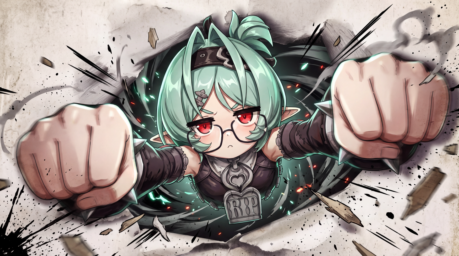Roxy from Zenless Zone Zero throws a punch through flying debris in this 5K Ultra HD anime girl PC desktop wallpaper.