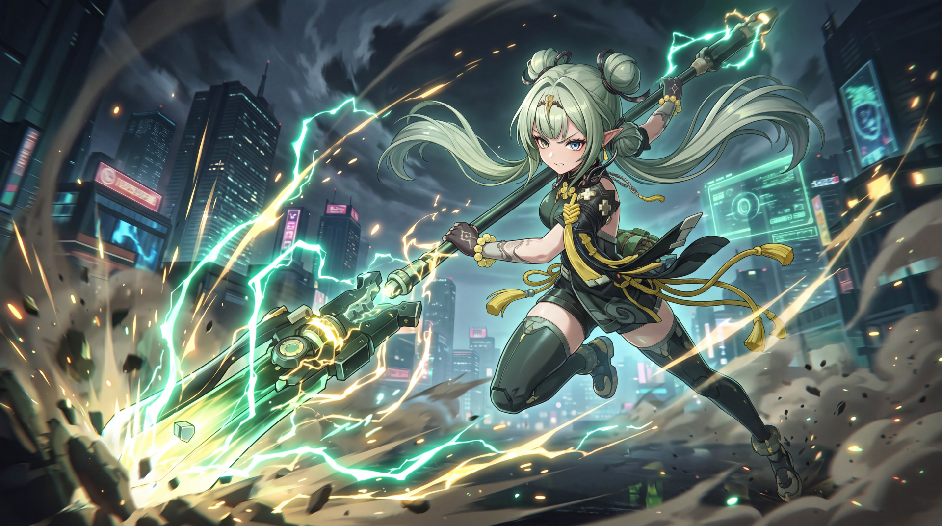 Si from Arknights: Endfield battles through a neon cyberpunk city in this sci-fi anime girl scene, featured in a 5K Ultra HD PC desktop wallpaper.