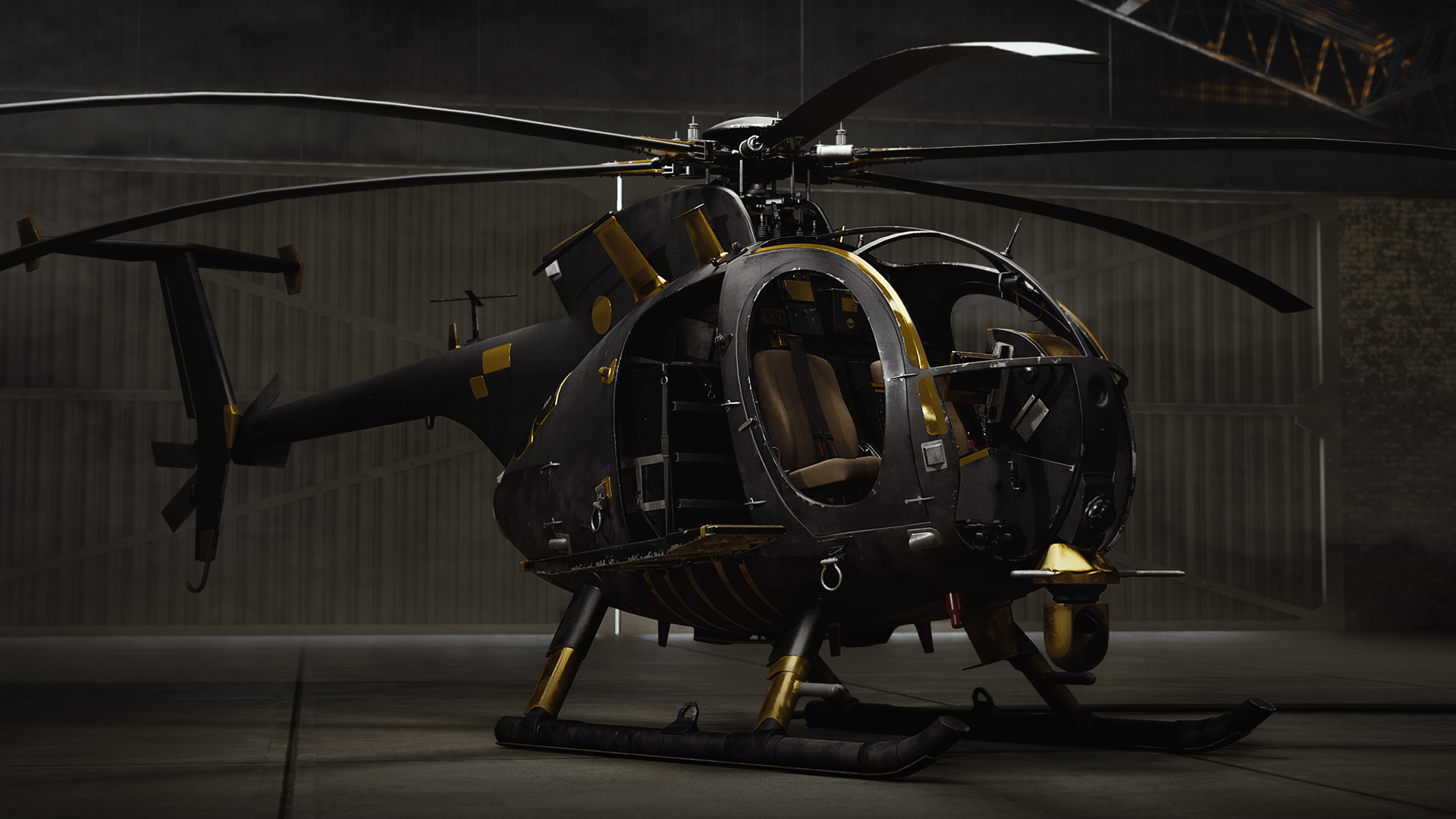 WARDOGS military helicopter aircraft in a dim hangar, featured in an HD PC desktop wallpaper and background.