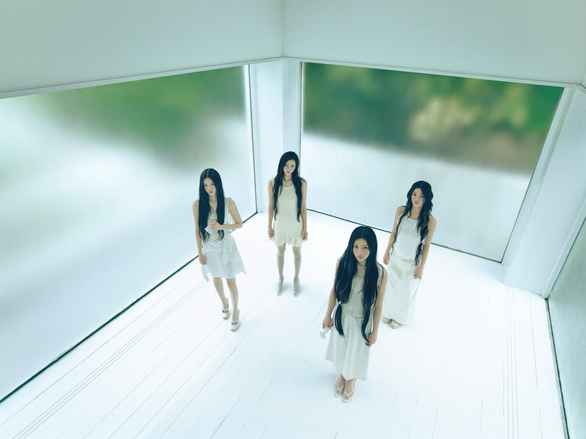 ILLIT women in white fashion outfits in a minimalist room, Break Even 4K Ultra HD PC desktop wallpaper background.