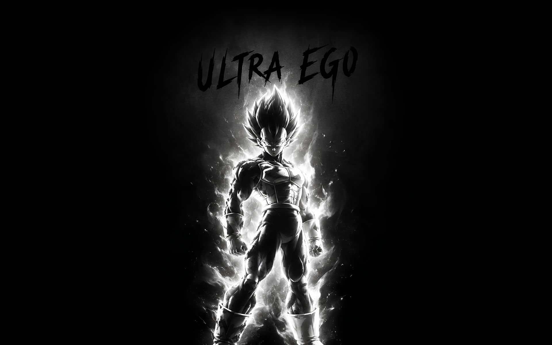 Vegeta in his Ultra Ego form surrounded by a glowing aura, featured in a dramatic 2K Quad HD anime desktop wallpaper.