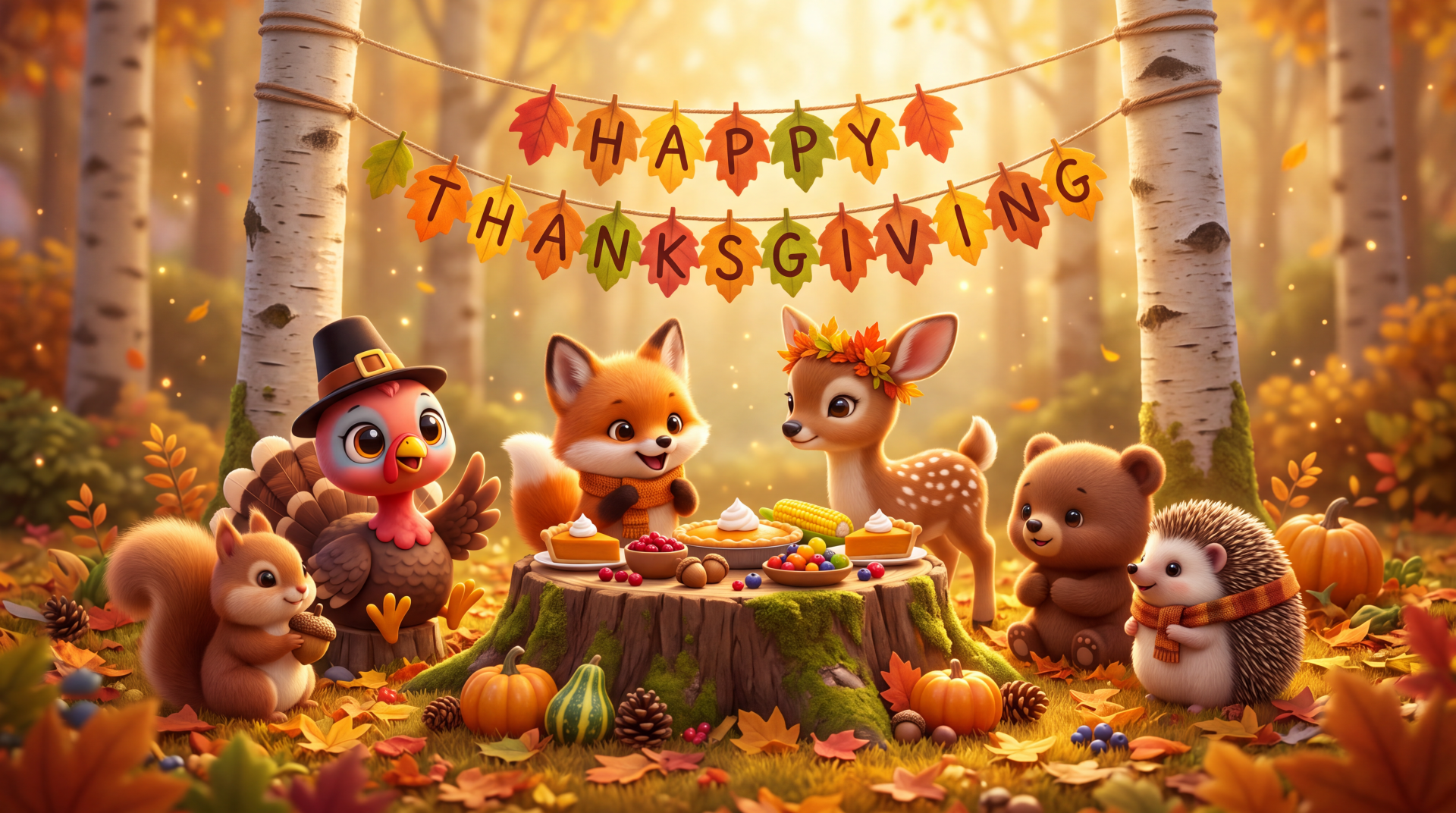 Cute Thanksgiving cartoon woodland animals share a festive feast beneath a Happy Thanksgiving banner, in a 5K Ultra HD PC desktop wallpaper background.
