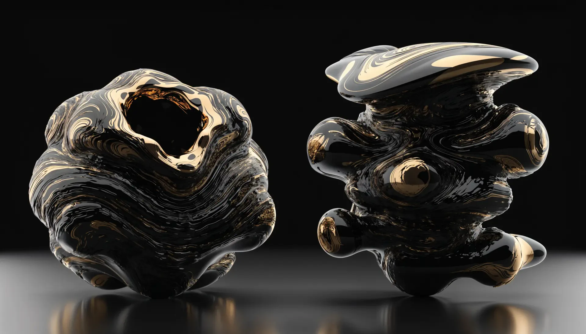 Black and gold abstract sculptures with fluid, layered forms against a dark backdrop, 4K Ultra HD PC desktop wallpaper.