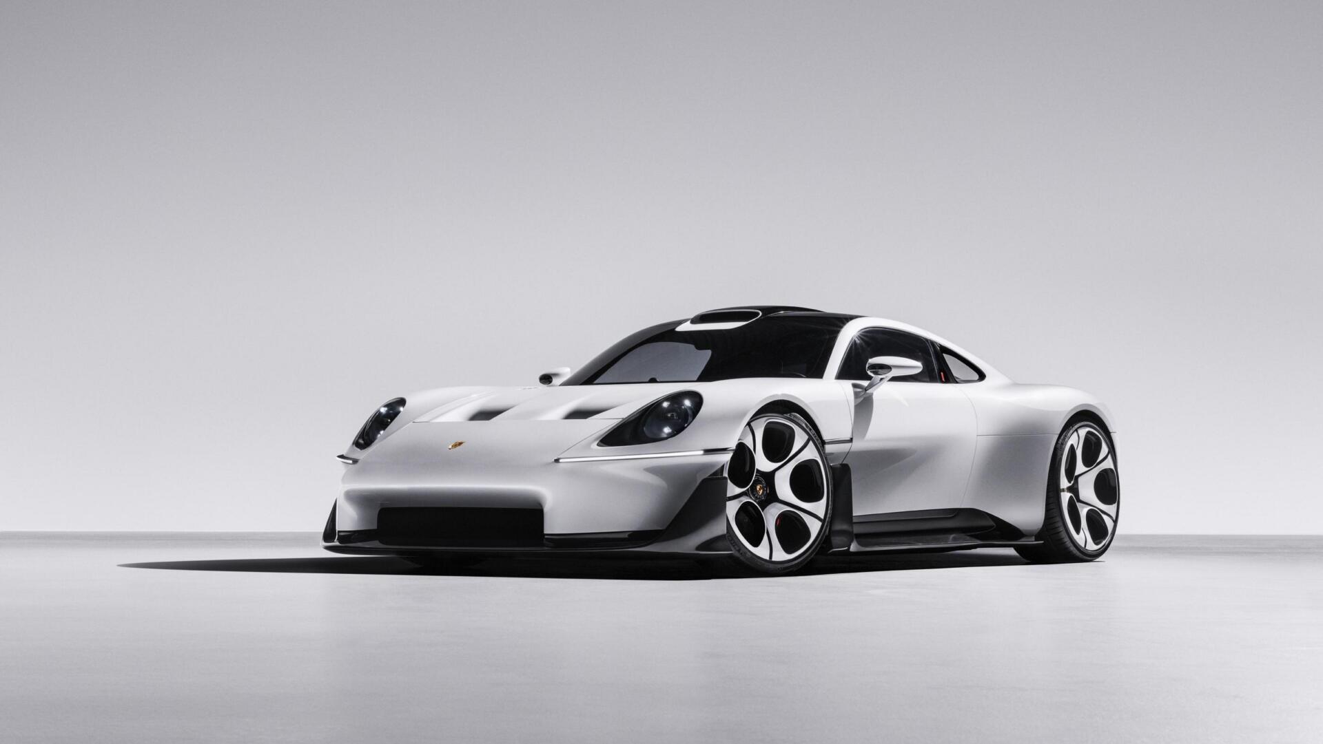 White Porsche Mission S sports car on a minimalist gray backdrop, featured in a 5K Ultra HD PC desktop wallpaper background.