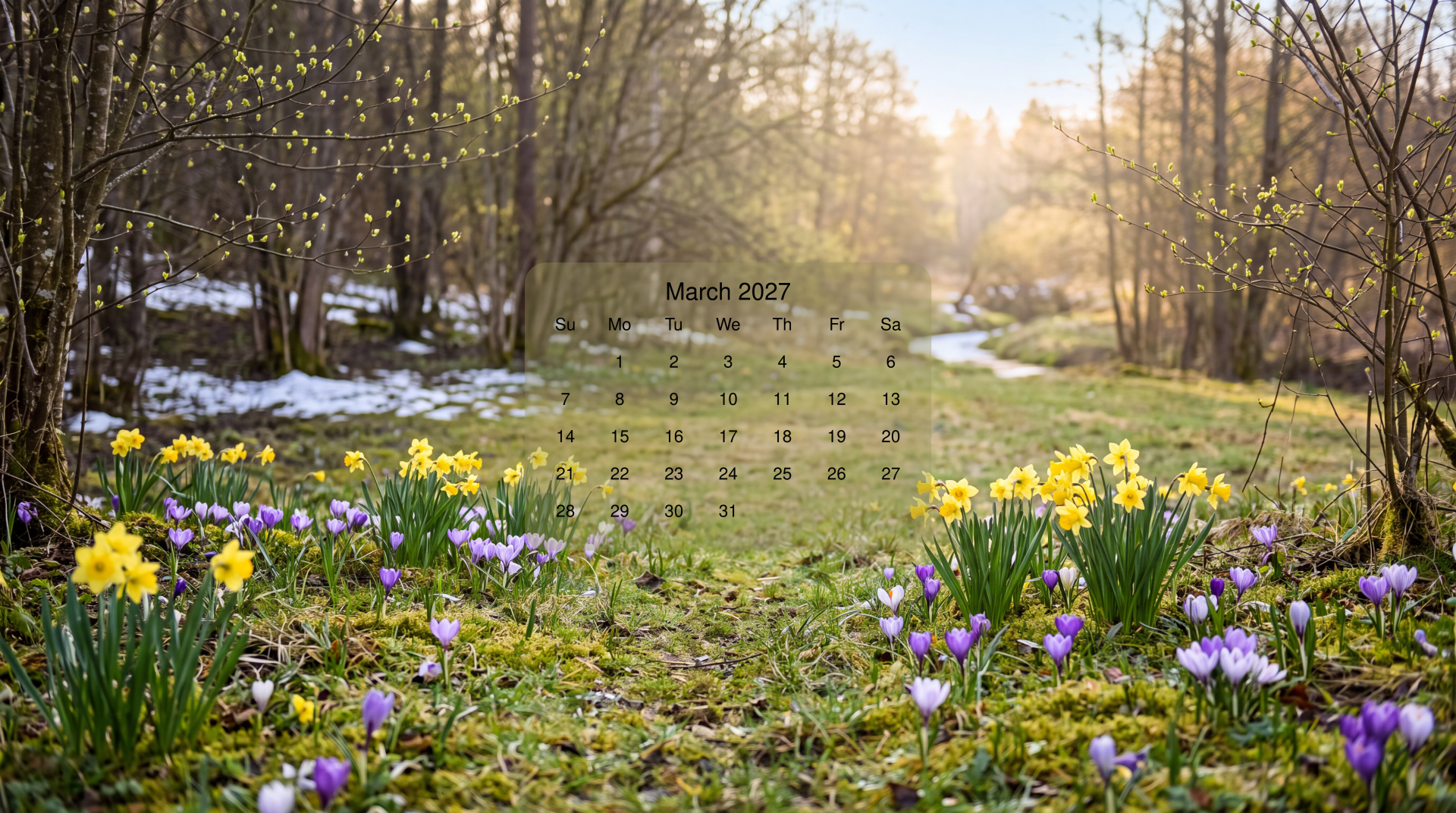 March 2027 calendar over a sunlit spring woodland path blooming with yellow daffodils and purple crocuses, 5K Ultra HD PC desktop wallpaper.