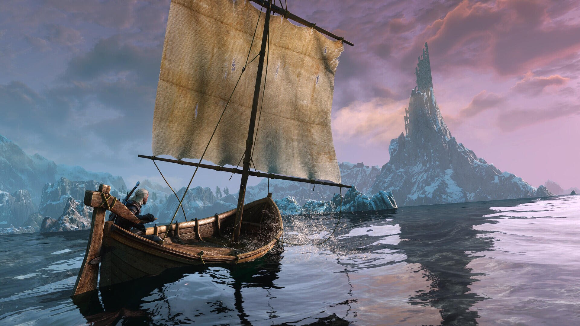 Geralt of Rivia sails across a mountain lake in The Witcher 3: Wild Hunt HD PC desktop wallpaper.