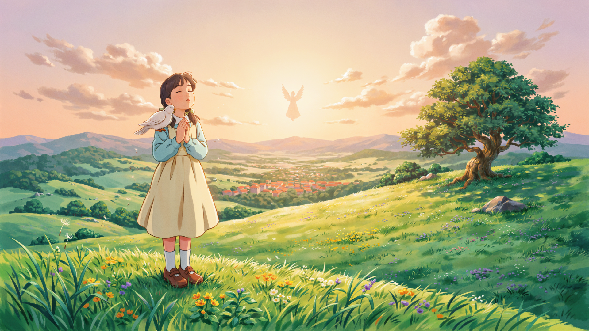 Faith-inspired anime girl praying on a sunlit hillside at sunrise, surrounded by a lush green landscape; 4K Ultra HD PC desktop wallpaper.