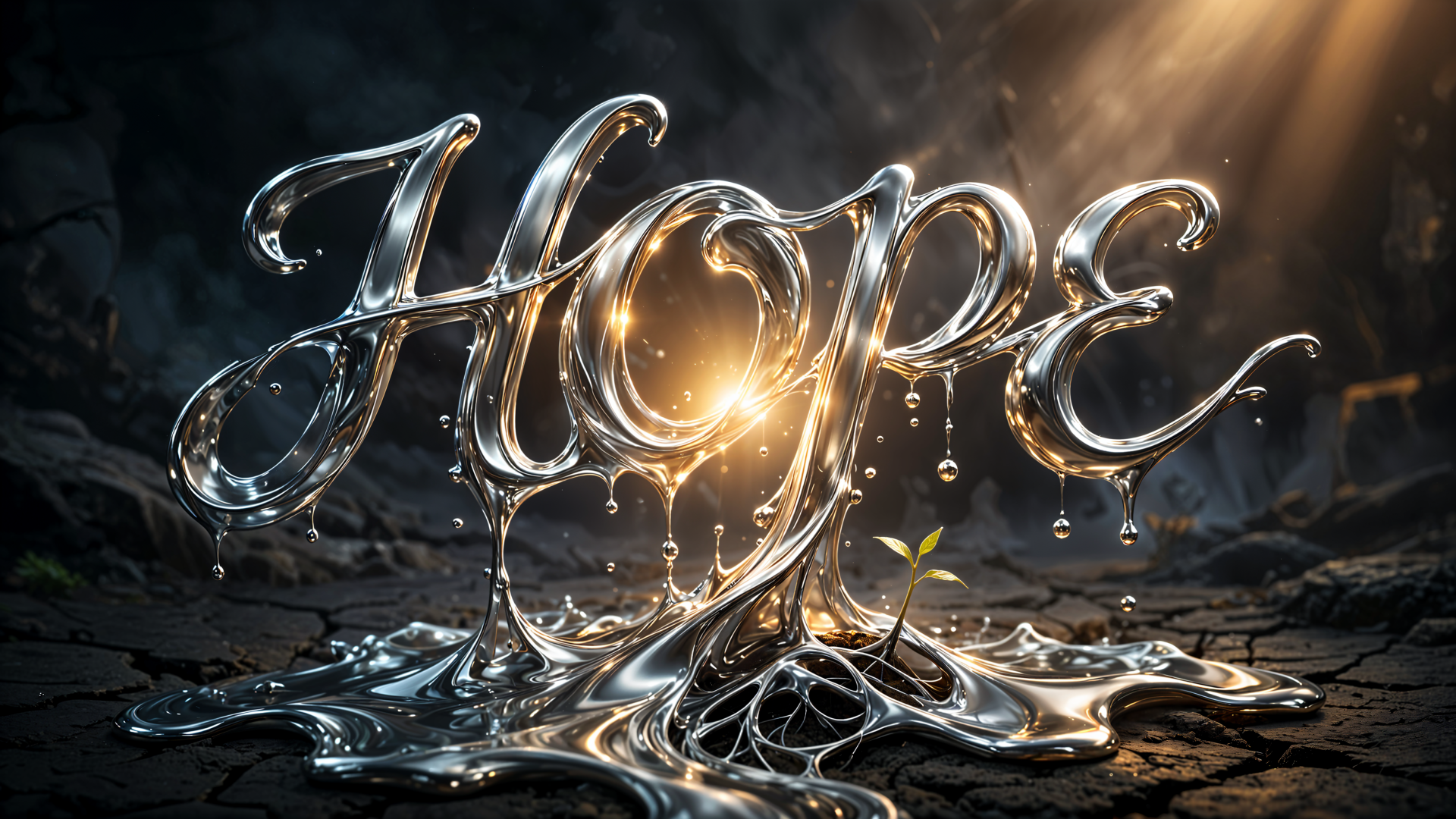 Metallic “Hope” typography glowing against a dark landscape, featured in a 4K Ultra HD PC desktop wallpaper and background.