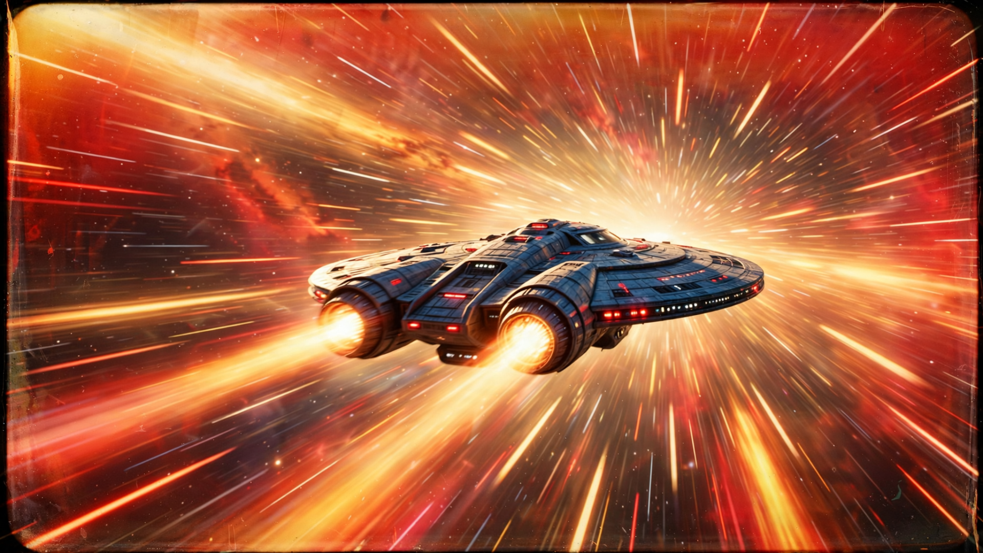 Science fiction spaceship streaking through fiery warp speed space, HD desktop wallpaper and background